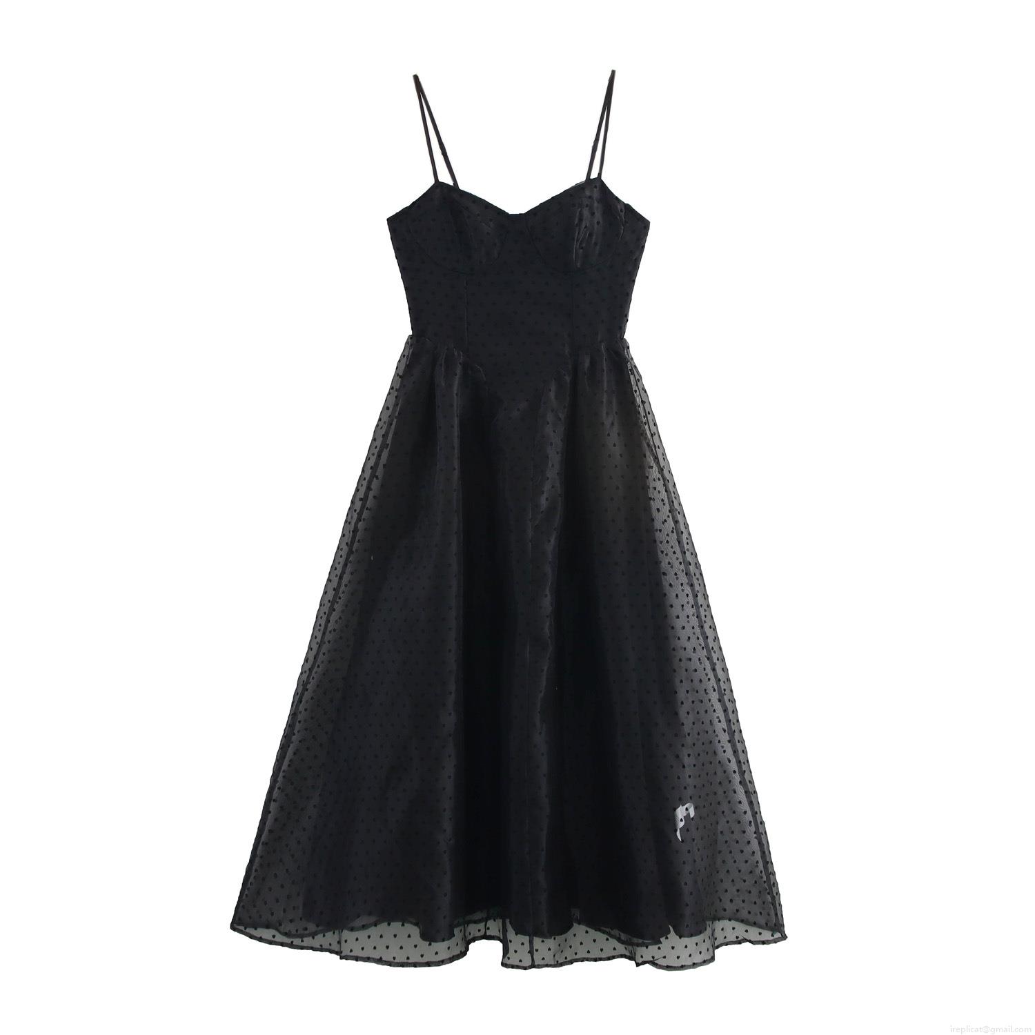 Elegant Black Polka Dot Flocked Camisole Maxi Dress For Women Sexy High Waist Mesh Spaghetti Strap Party Long Dress With Adjustable Straps