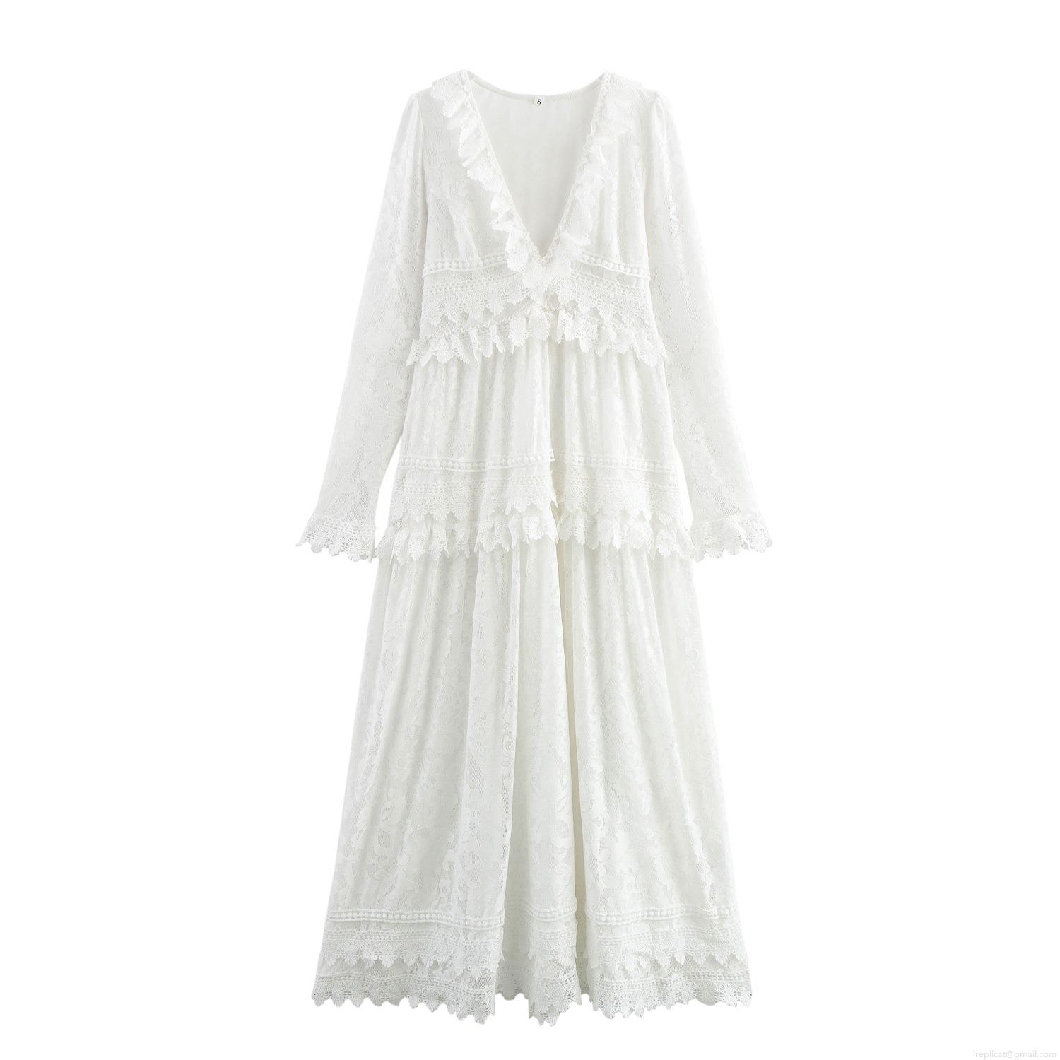 Women's Elegant White Lace Maxi Dress French V-Neck Long Sleeve Embroidery Ruffle Cake Dress For Vacation Beach Wedding Party