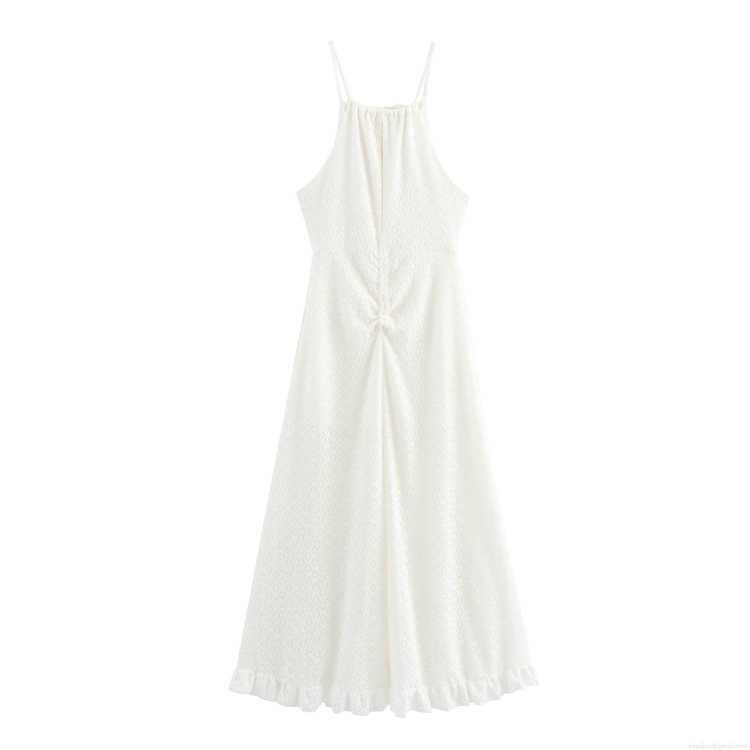 Women's Elegant Backless Halter Maxi Dress Sexy Hollow Out Knitted Polyester Jacquard Long Dress With Drawstring Ruffle Hem For Summer Party