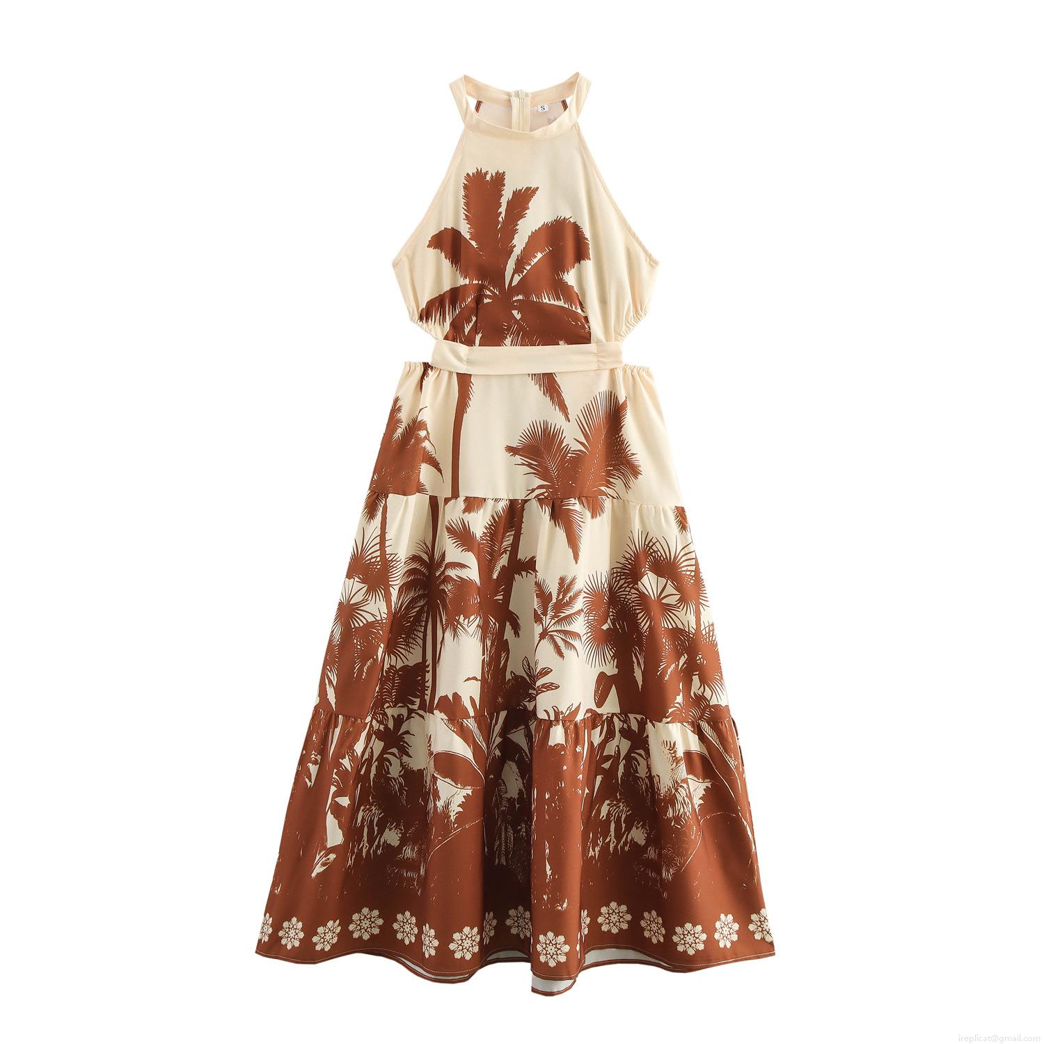 Women's Tropical Palm Tree Print Halter Neck Maxi Dress Boho Vacation Cutout Waist Tie Backless Sleeveless Polyester Long Sundress