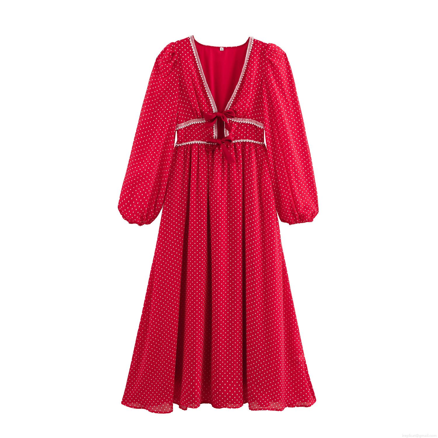 Sweet Polka Dot V Neck Long Sleeve Dress With Bow Tie And Pearl Trim Red Chiffon A-Line Maxi Dress For Women Party Daily Wear