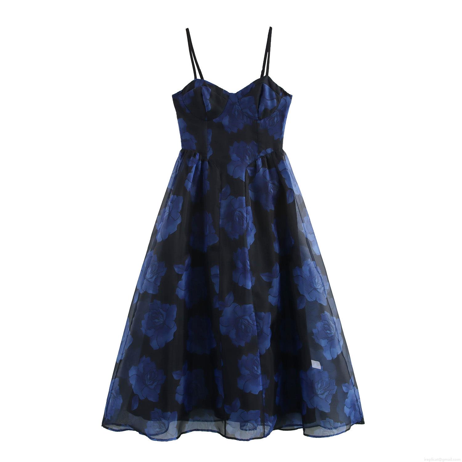 Women's Elegant Floral Print Maxi Dress Adjustable Spaghetti Strap V-Neck High Waist A-Line Mesh Overlay Party Evening Long Dress With Hidden Zipper