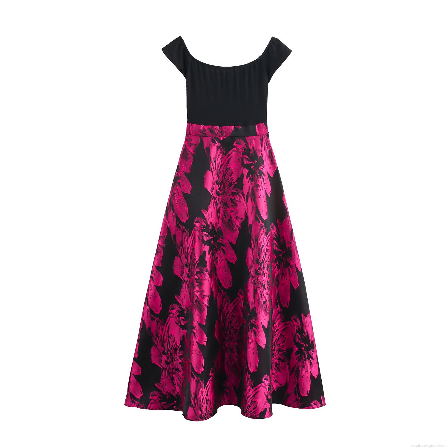 Elegant Women's Off-The-Shoulder Polyester Maxi Dress Floral Print High Waist Patchwork Long Dress For Evening Party Sweet Vintage A-Line Gown