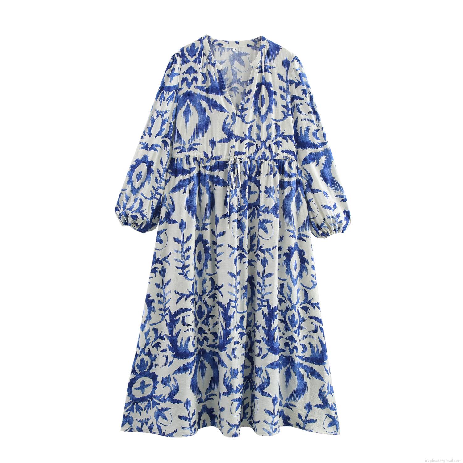 Women Elegant V Neck Maxi Dress Lantern Sleeve Tie Dye Abstract Print Loose Resort Style Long Sleeve High Waist Drawstring A-Line Dress For Vacation Party Summer Daily Clothing