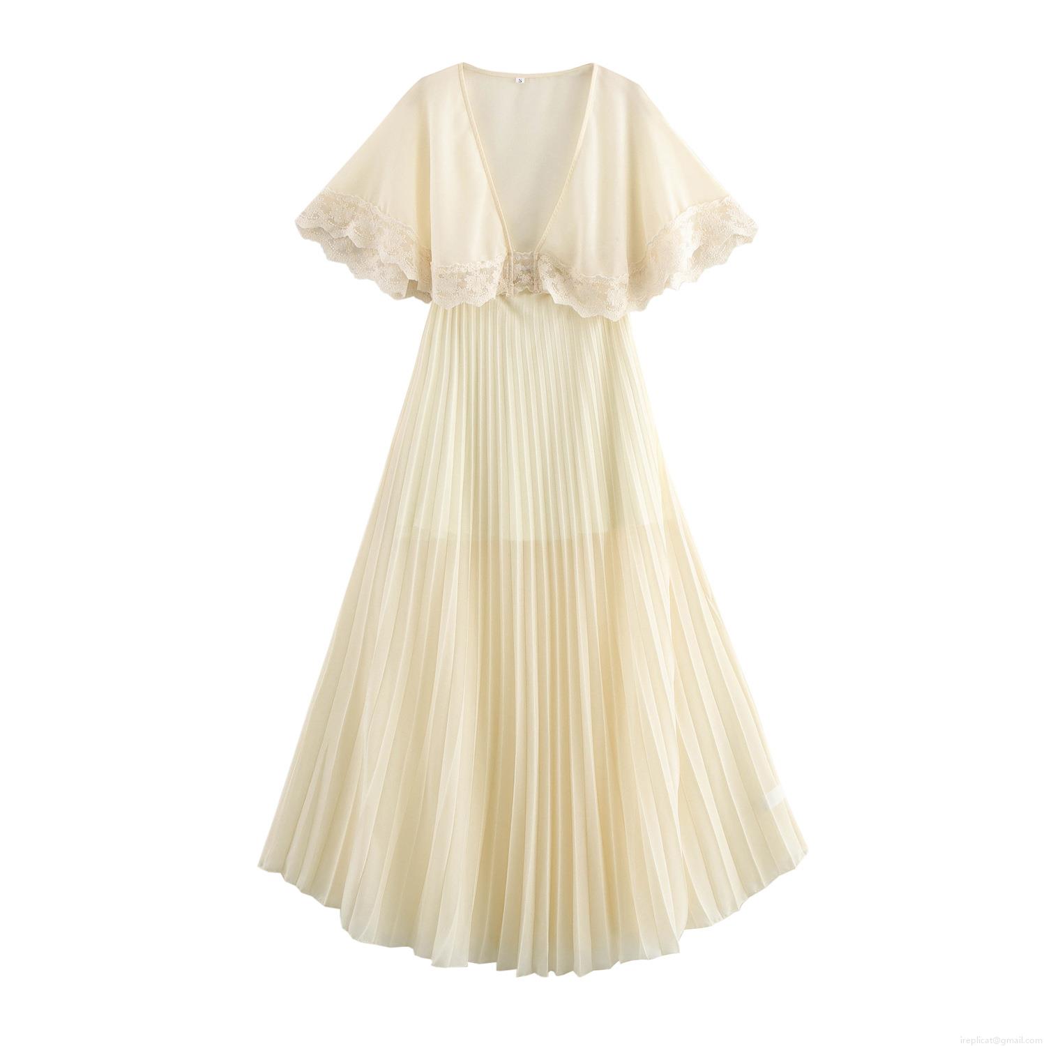Elegant French Romantic Lace V Neck Maxi Dress With Cape Sleeve Pleated Hem Polyester Chiffon Long Dress For Women Wedding Party Vacation