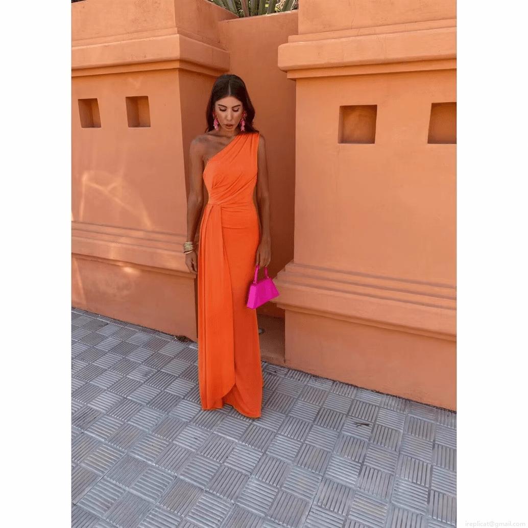 Women's Elegant One Shoulder Maxi Dress Ruched Waist High Slit Polyester Sleeveless Evening Party Gown Vacation Wedding Guest Dresses