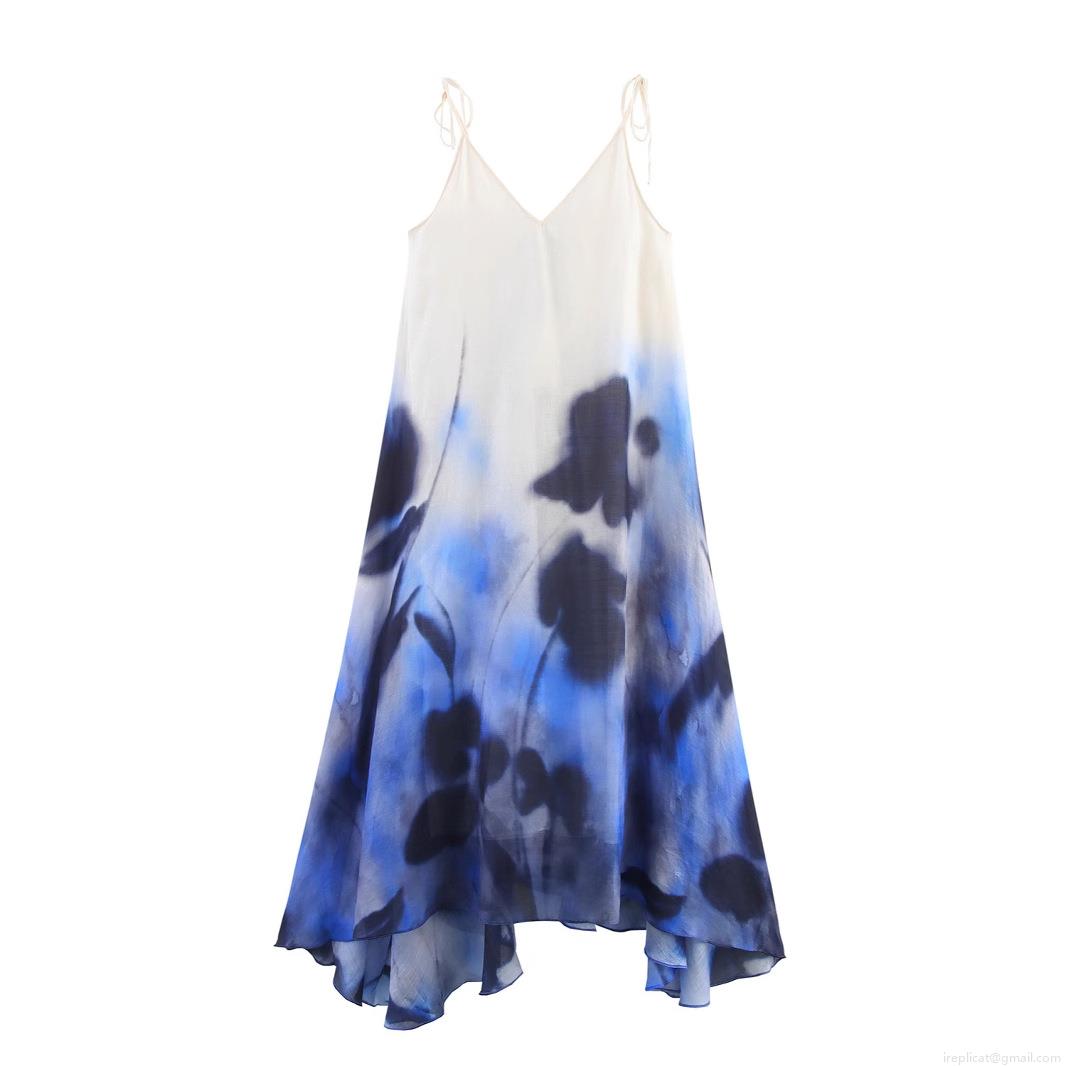 Women's Elegant European American Style Linen Blend Maxi Dress V-Neck Backless Gradient Ink Floral Print Vacation Sling Long Dress For Beach Party