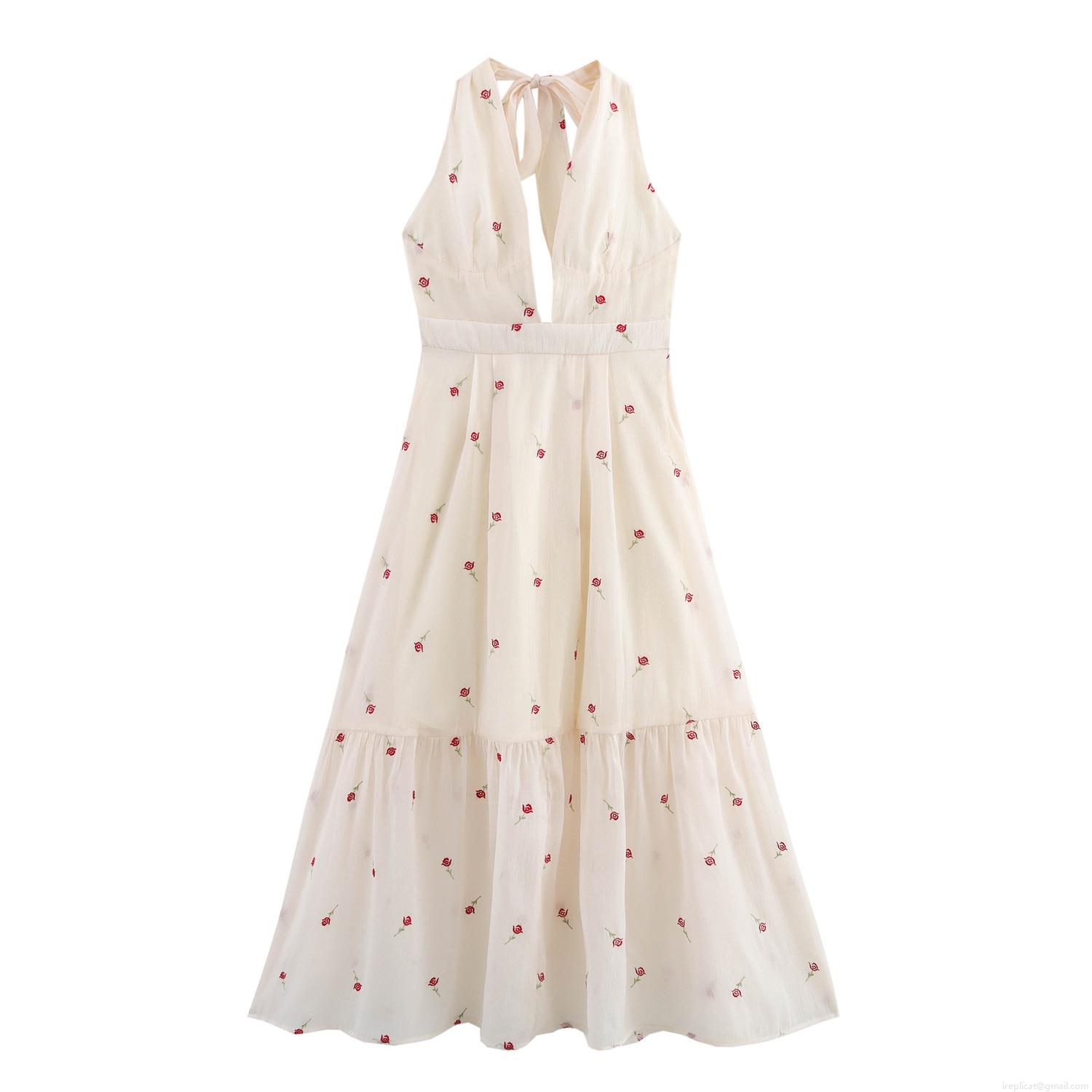Women's French Halter Backless Maxi Dress Elegant Red Rose Embroidery Tiered Chiffon Cake Dress Summer Vacation Party Sleeveless Gown