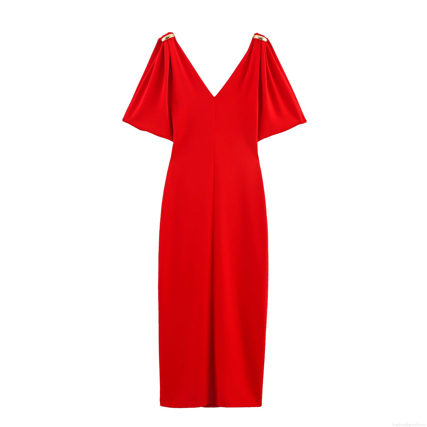 Elegant Satin V-Neck Maxi Dress With Gold Metal Buckle Shoulder Detail Sexy Slim Fit Long Sleeve Evening Party Dress For Women