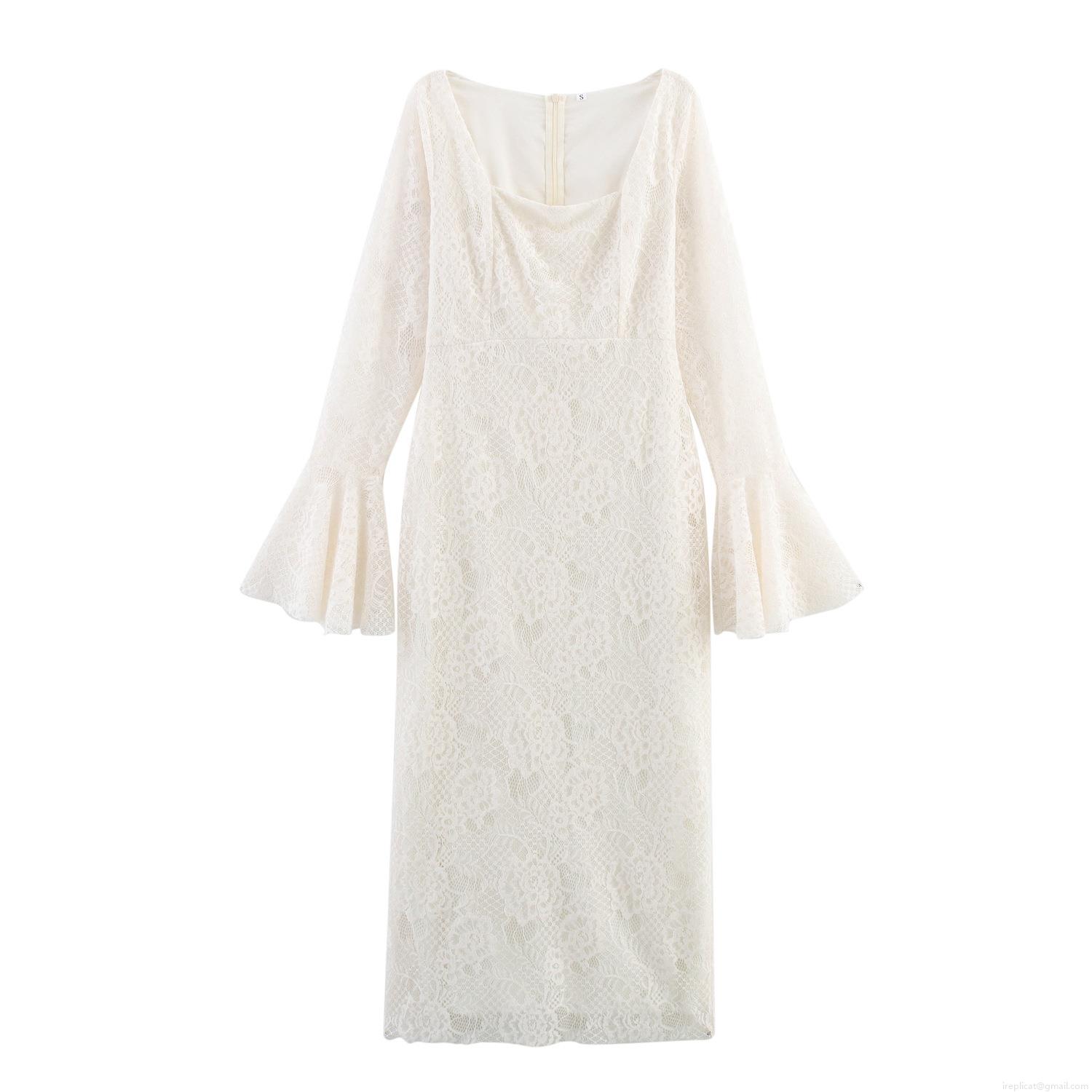 Women's Elegant Lace Polyester Maxi Dress Square Neck Flare Long Sleeve Slim Fit Bodycon Style For Party Wedding Elegant Lady Sexy Dress