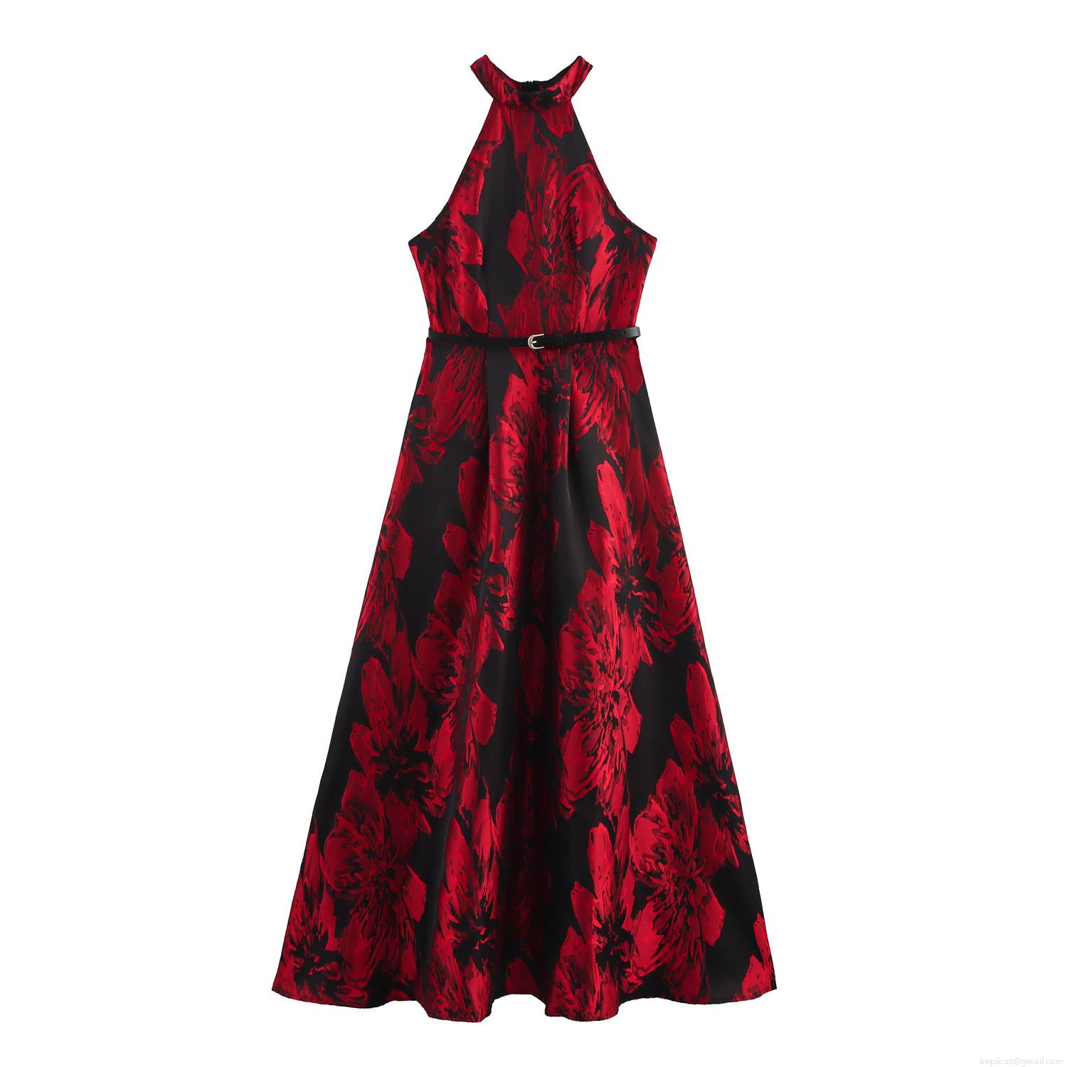 Women's Elegant Halter Neck Maxi Dress Jacquard Floral Pattern Sleeveless High Waist A-Line Large Hem Dress With Belt For Evening Party Wedding Guest Vintage Style