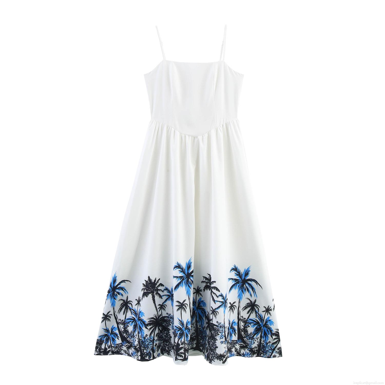 Women's Summer Beach Vacation Coconut Tree Print Maxi Slip Dress Sexy Backless Lace-up High Waist Sleeveless Polyester Long Dress