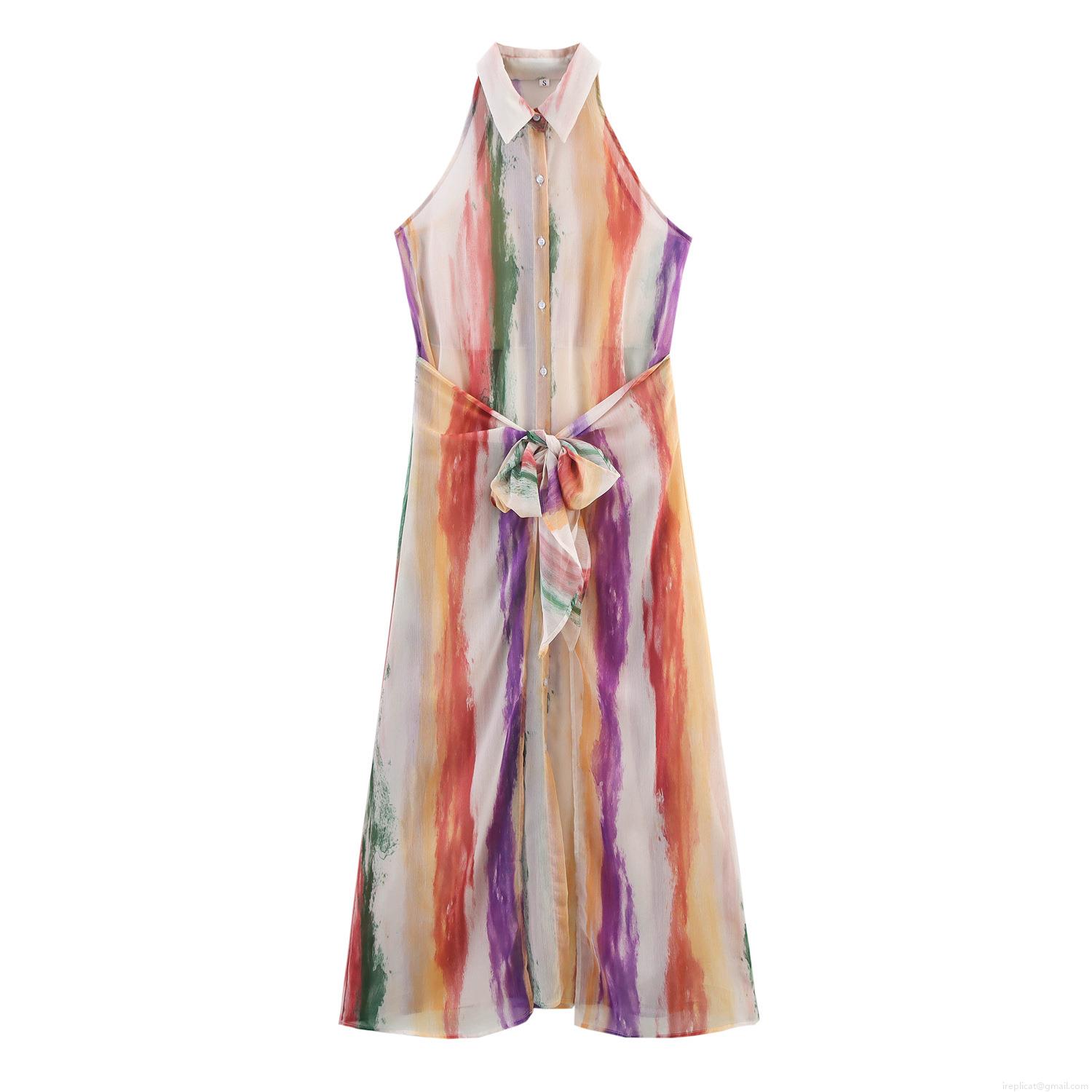 Women's Sleeveless Halter Lapel Maxi Dress Elegant Watercolor Striped Tie Waist Hip Hugging Chiffon Style Long Pullover Dress For Summer Party