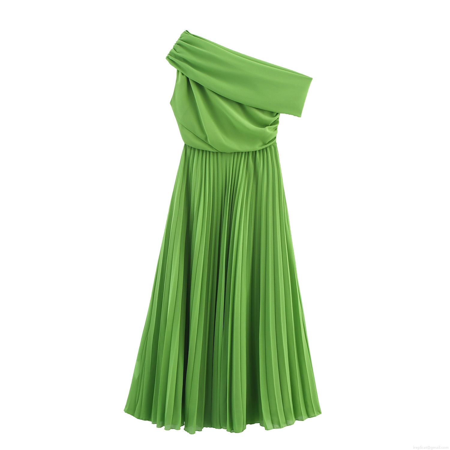 Elegant Women's One-Shoulder Pleated Maxi Dress Vintage High Waist Sleeveless Polyester Solid Color Evening Gown For Wedding Party