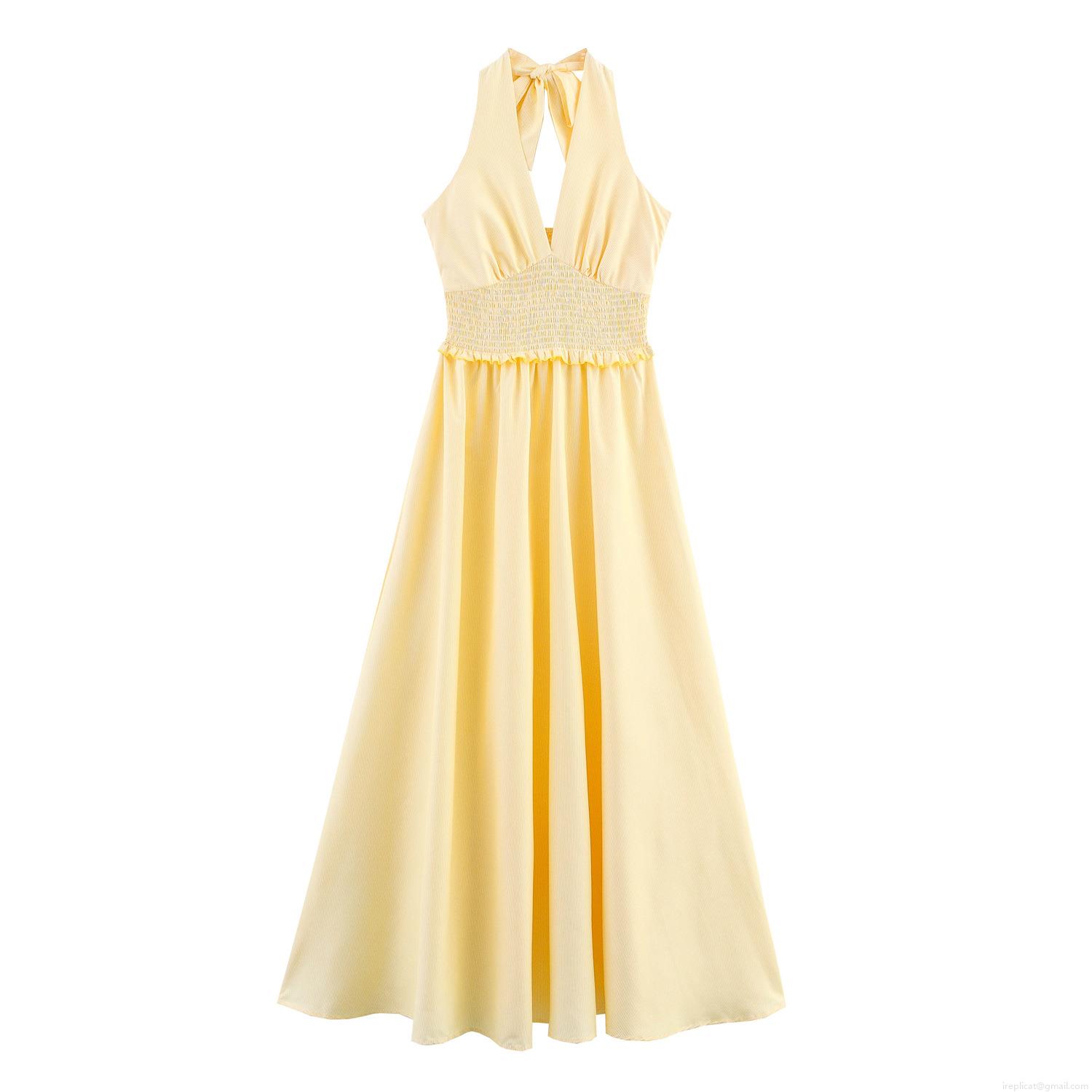 Women's Striped Halter Maxi Dress Summer Beach Vacation Smocked Waist Backless Ruffle Hem Sleeveless Polyester Long Dress For Women