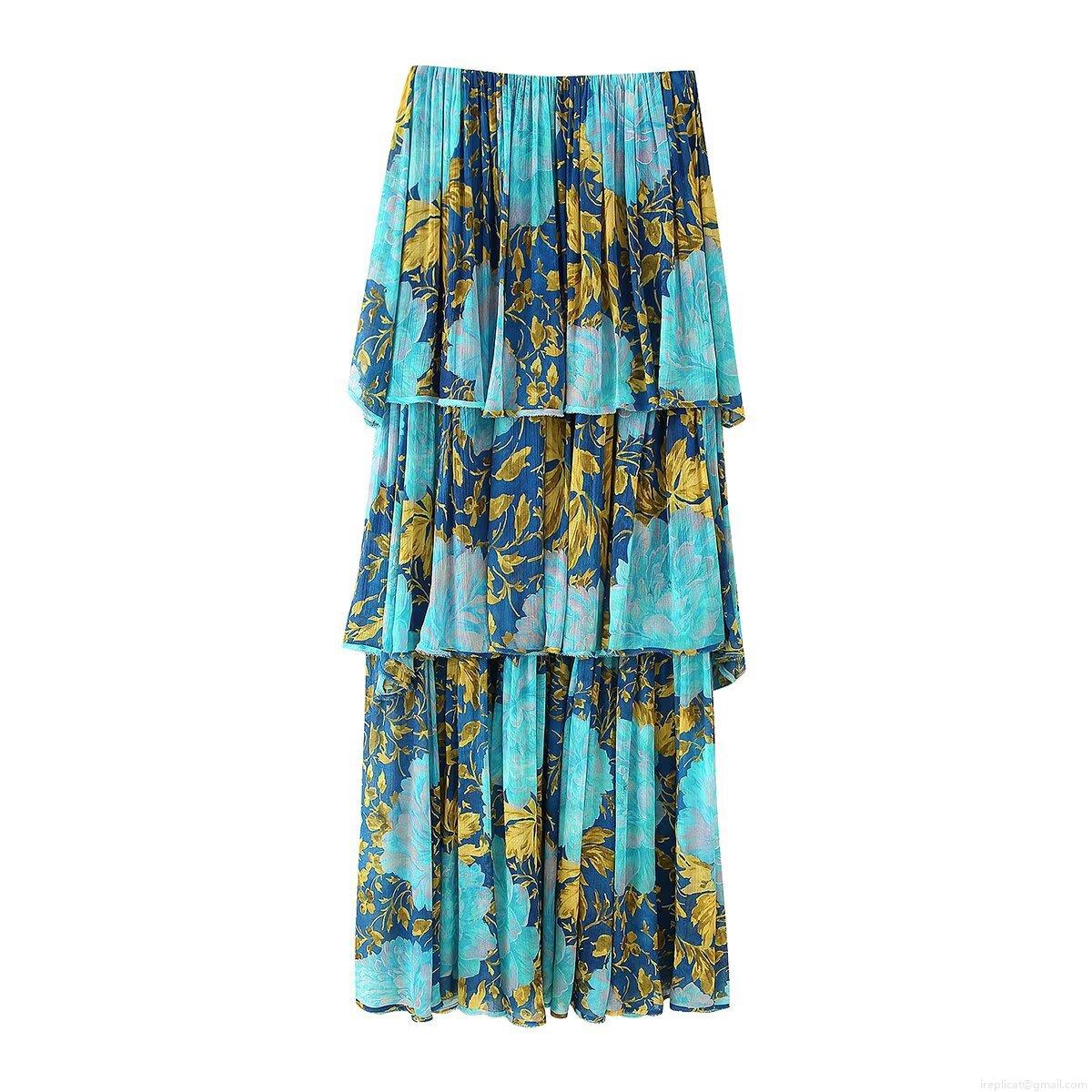 Women Bohemian Floral Print Layered Chiffon Maxi Dress Summer Vacation Strapless Ruffle Tiered Cake Dress Elegant Plissé Beachwear