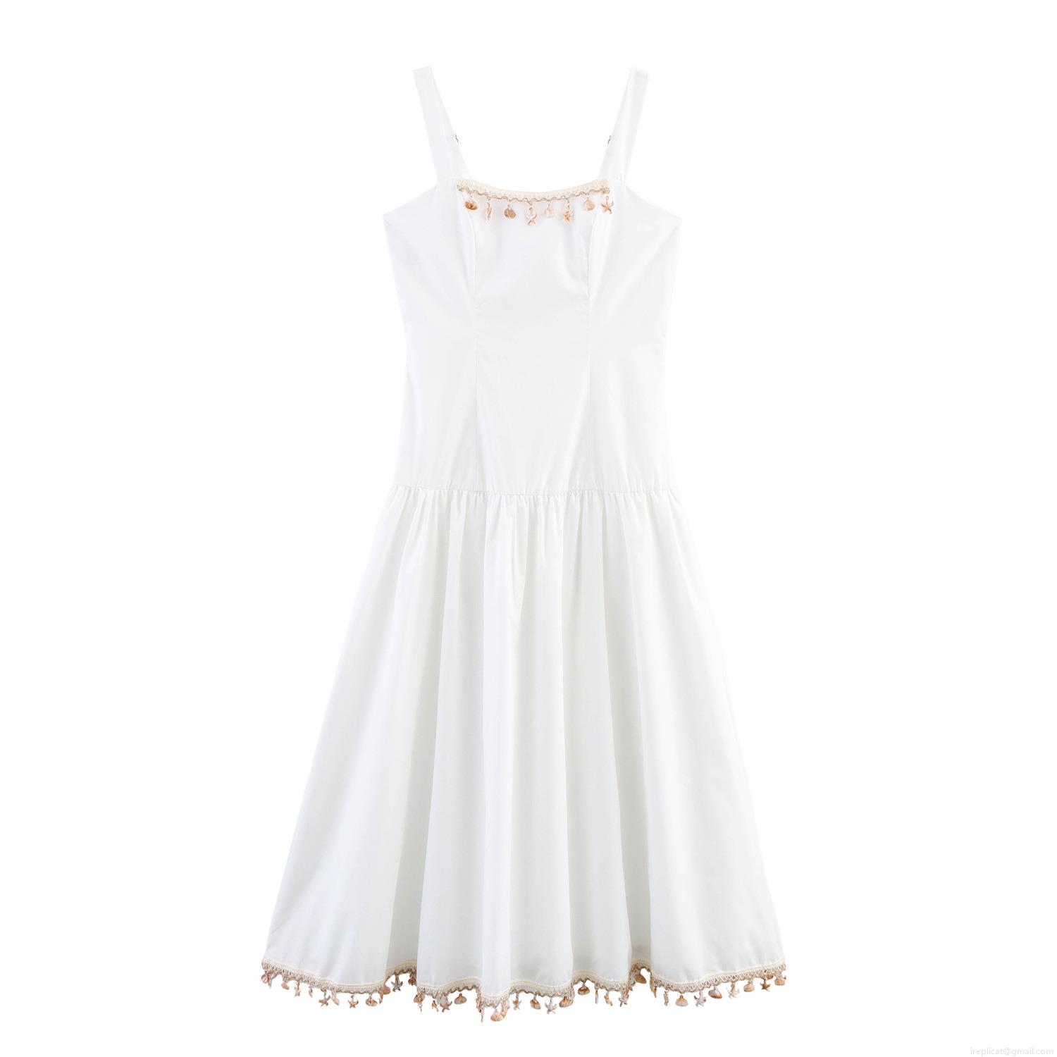 Women's Sexy Sleeveless Cami Maxi Dress Elegant White Solid Color Shell Tassel Decor Beach Vacation Bohemian Long Dress Summer Sundress