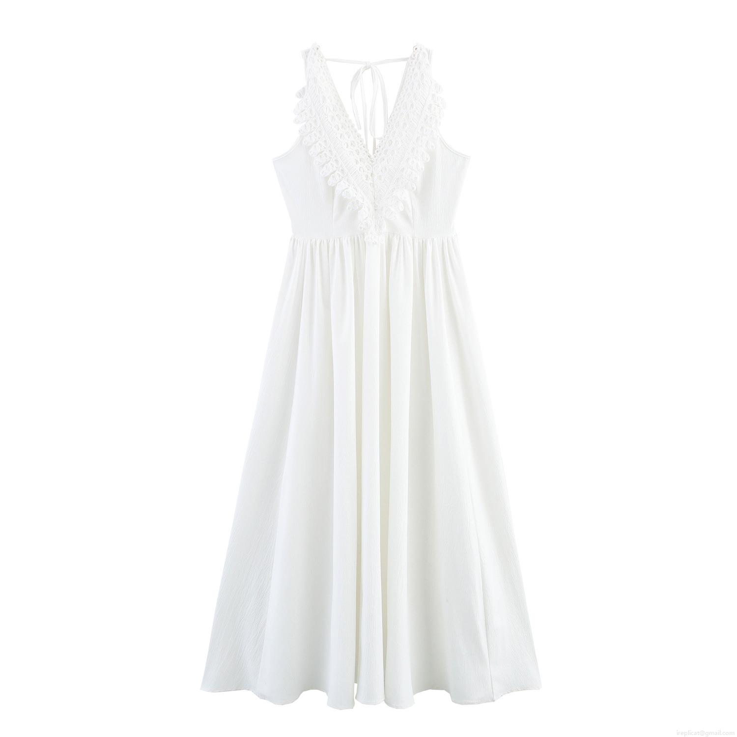 Women's Sexy White Maxi Dress Backless Halter Neck Deep V Crochet Lace Stitching Summer Beach Vacation Boho Casual Sleeveless Long Dress