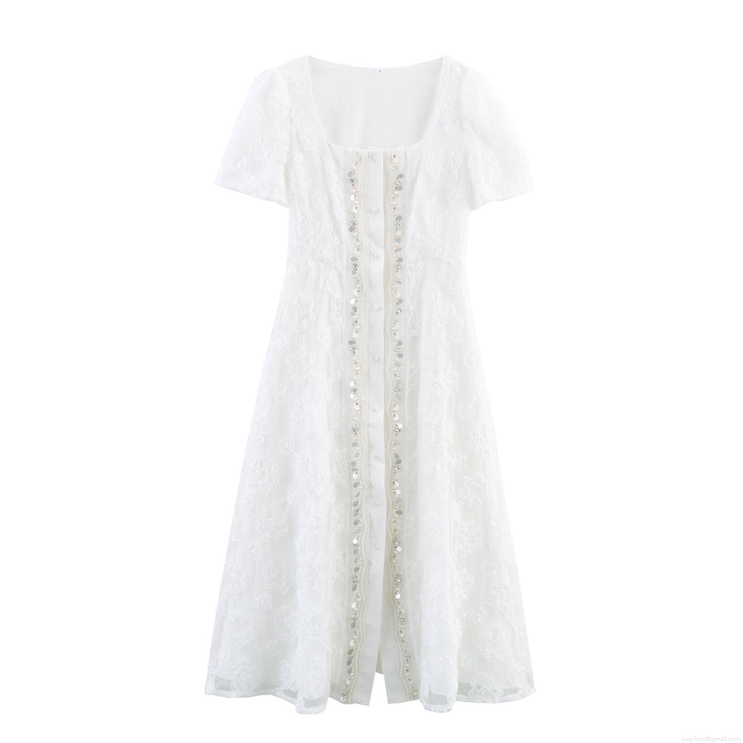 Women Elegant 3D Floral Embroidery Lace Maxi Dress Square Neck Short Sleeve Pearl Beaded Single Breasted Wedding Party Evening Dress