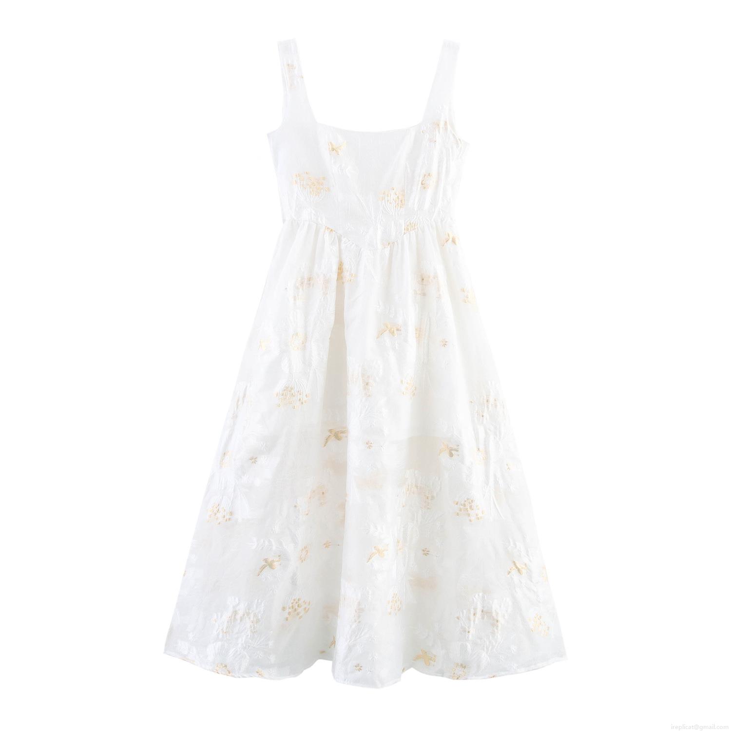 Elegant White Gold Stamping Flower Sling Maxi Dress With Large Back Bow High Waist A-Line Mesh Long Dress For Women Party Evening Wedding
