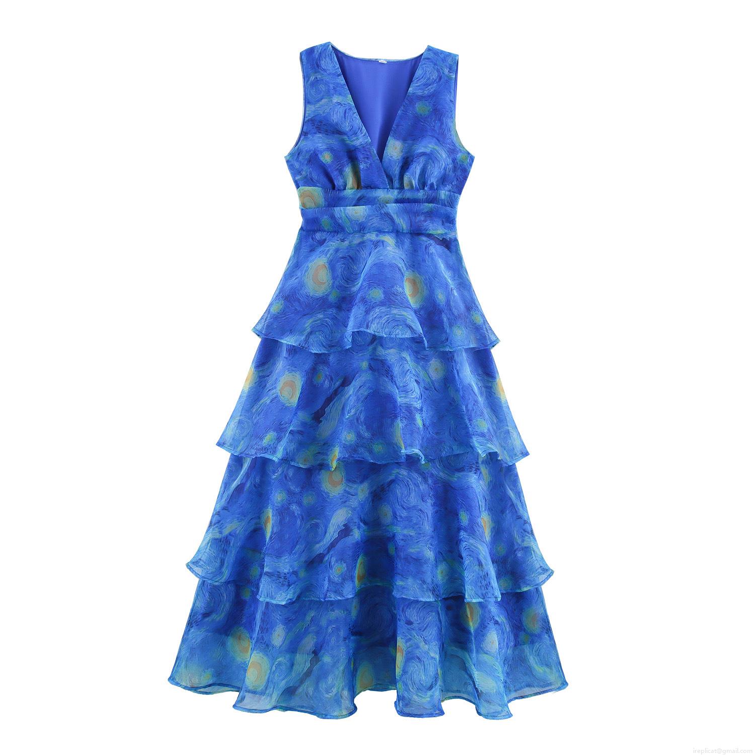 Women's Van Gogh Starry Night Print Sleeveless V-Neck Maxi Dress Elegant Chiffon Ruffle Layered Tiered Cake Dress For Party Vacation Summer
