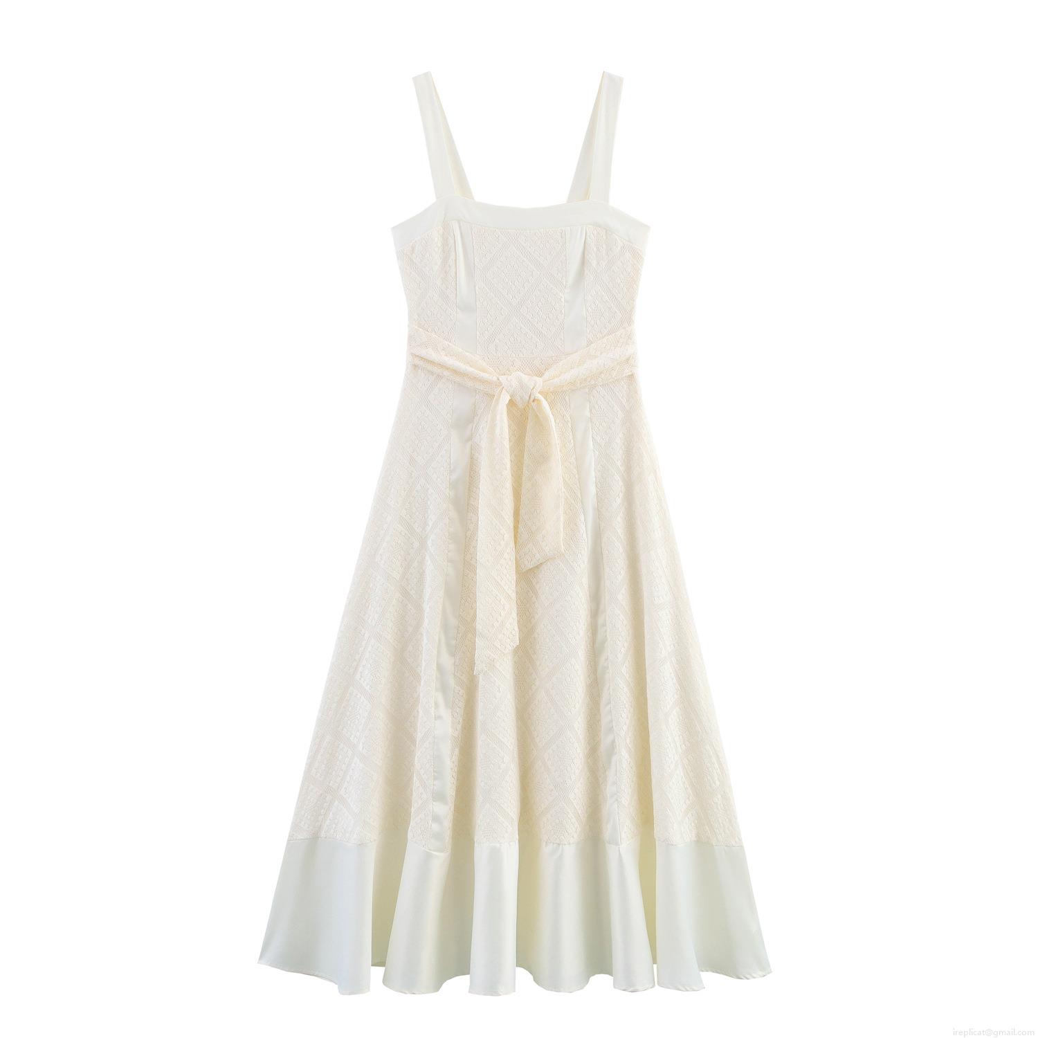 French Elegant Lace Suspender Maxi Dress Vintage Wide Shoulder Strap High Waist Tie-Up Jacquard Splicing White Long Dress For Women Party Wedding