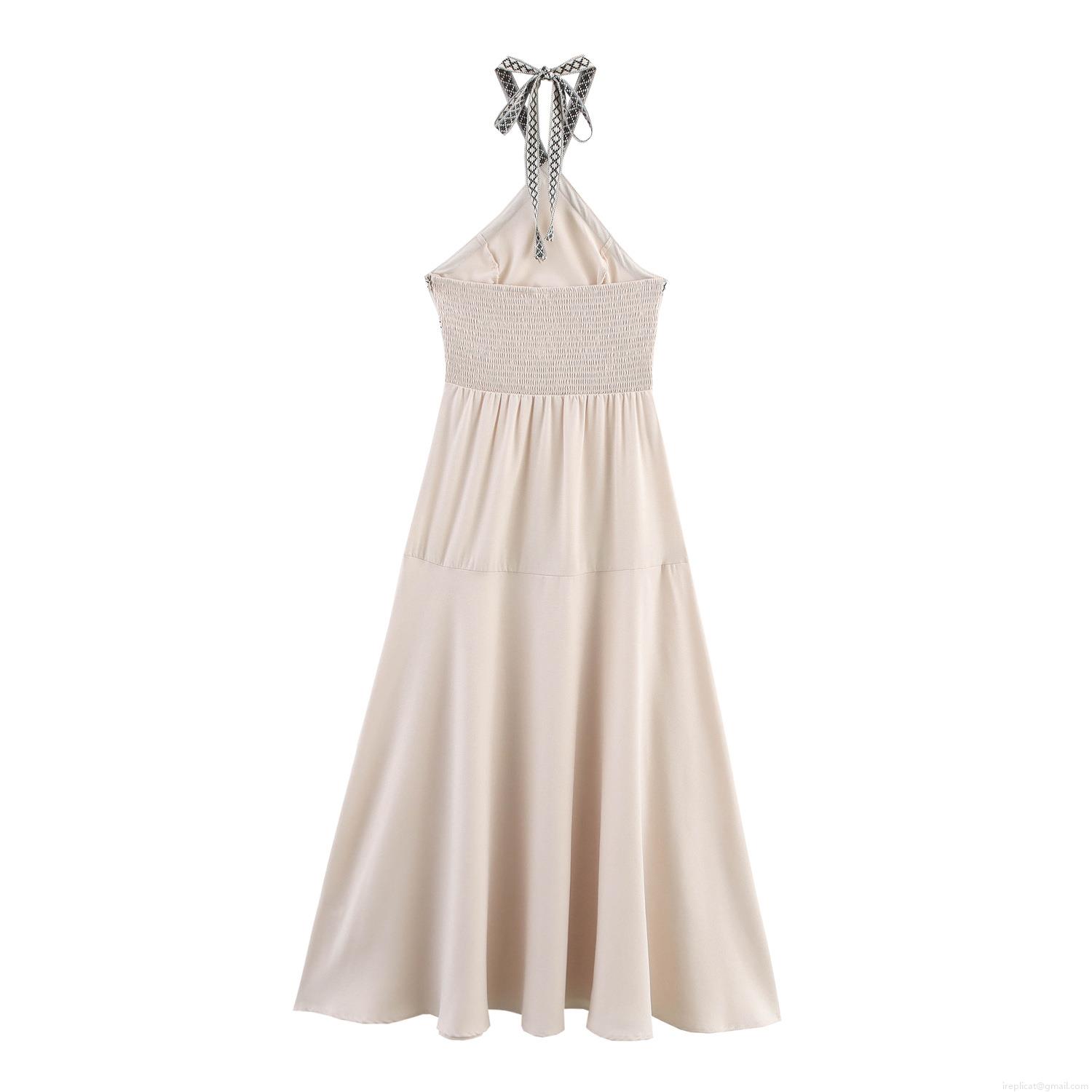 Women's Bohemian Halter Maxi Dress Backless Smocked Waist Solid Color Beach Vacation Long A-Line Dress with Geometric Ribbon Trim Sleeveless Vestidos