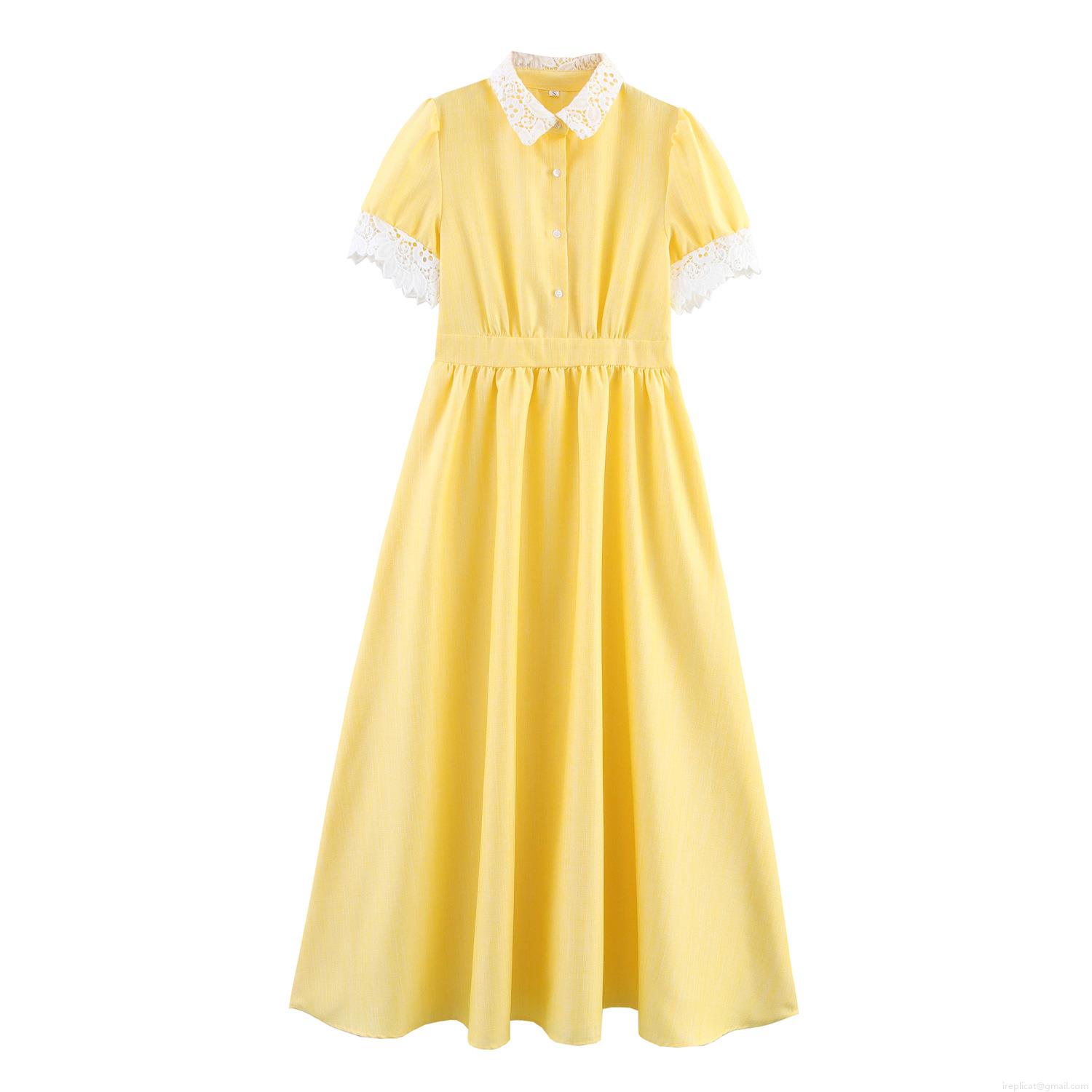 Women Vintage Yellow Maxi Dress With White Lace Peter Pan Collar Elegant Short Sleeve High Waist A-Line Dress Pastoral Style Sweet Ladies Long Dresses