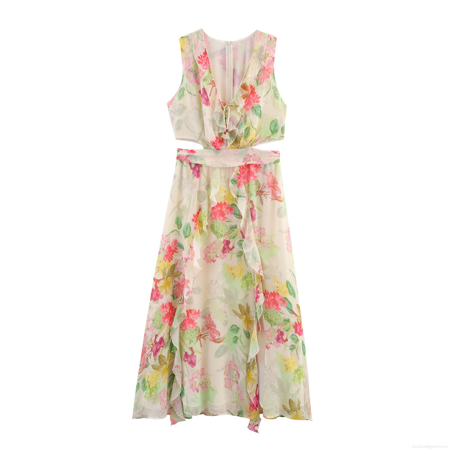 Sweet Floral V-Neck Sleeveless Maxi Dress For Women Ruffle Trim Hollow Out Waist Polyester Chiffon Long Dress Summer Beach Party Vacation