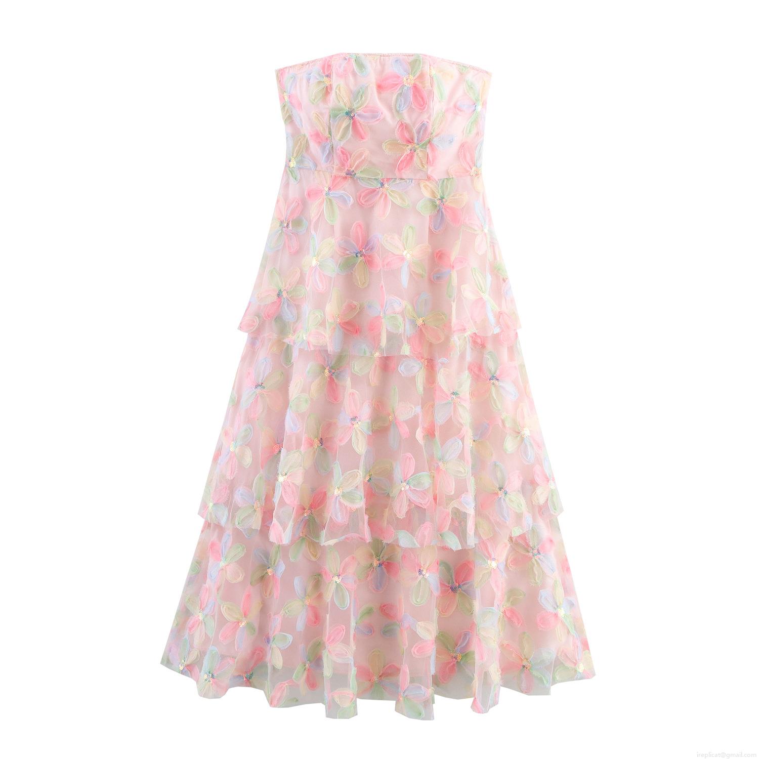 Women's Strapless 3D Floral Mesh Embroidery Dress Pink Tiered Maxi Cake Skirt For Party Banquet Elegant Sweet Sleeveless Summer Tulle Gown