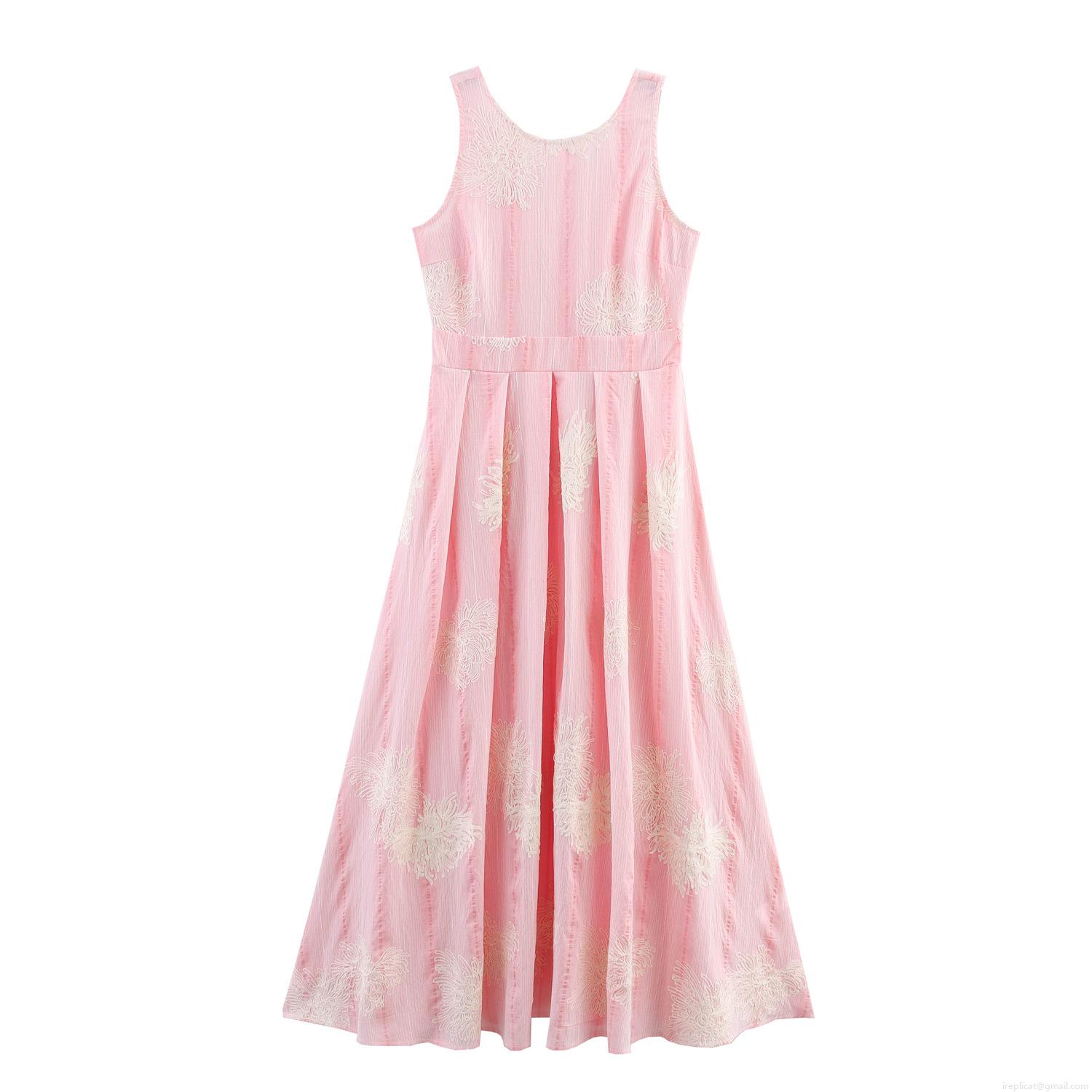 Women's Sleeveless Maxi Dress Pink Floral Embroidery Round Neck High Waist Pleated Long Dress Elegant Sweet Style Summer Party Outfits Polyester Lace Trim
