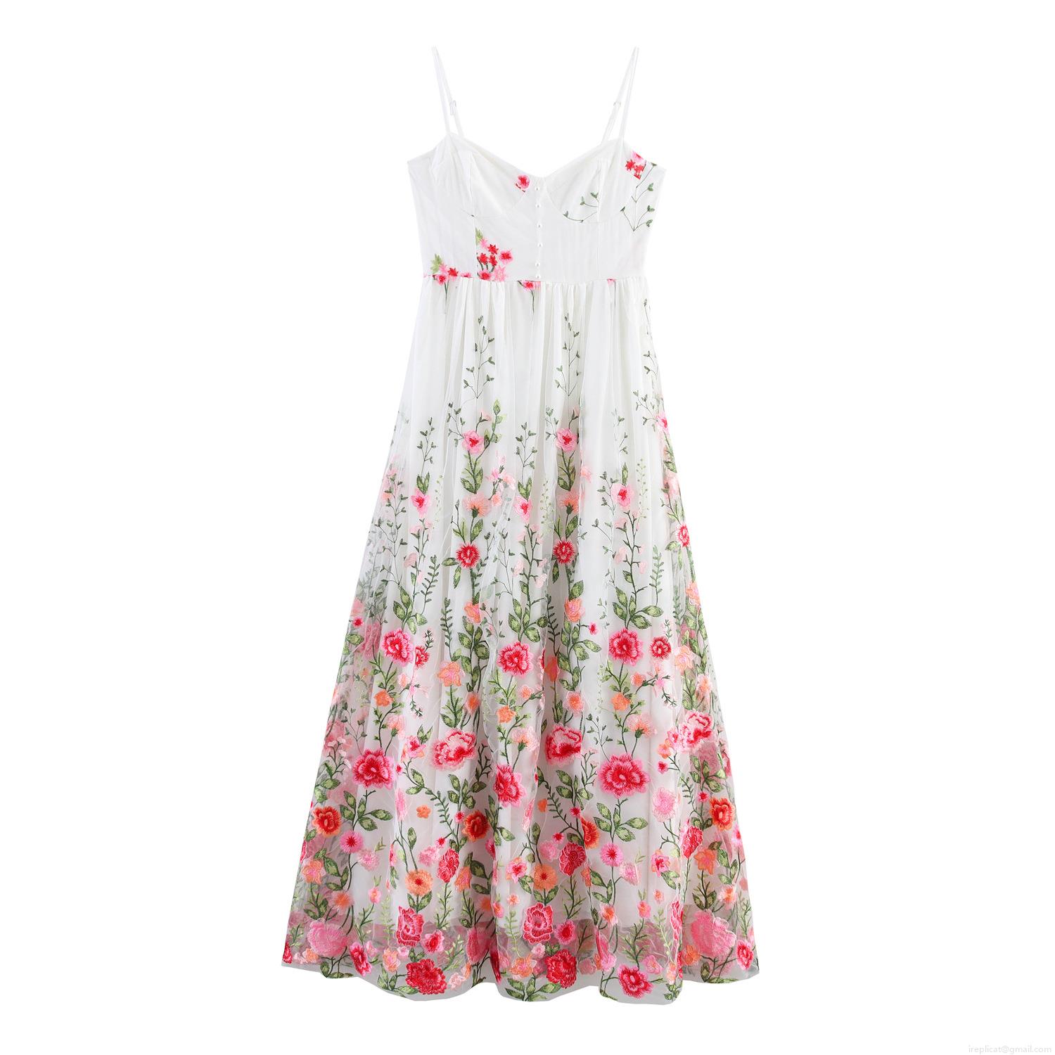 Elegant Women's White Mesh Floral Embroidery Maxi Dress With Pearl Buttons Sweet Sleeveless Slip Long Dress For Wedding Party Summer Vacation