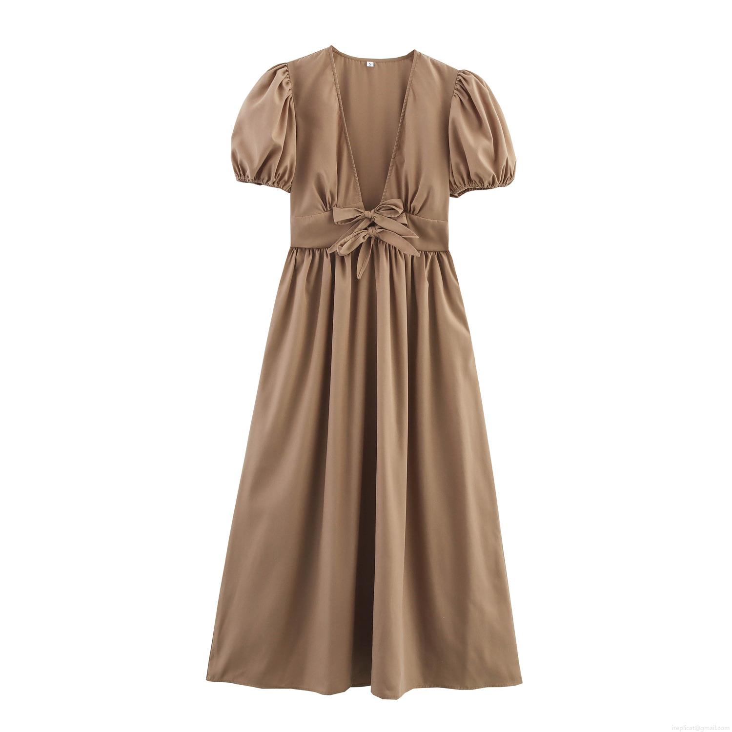 Women's French Elegant V-Neck Maxi Dress Retro Bubble Sleeve Slim Fit High Waist Pleated A-Line Long Dress Polyester Solid Color Bow Tie Decoration Summer Party Vacation Casual Gown