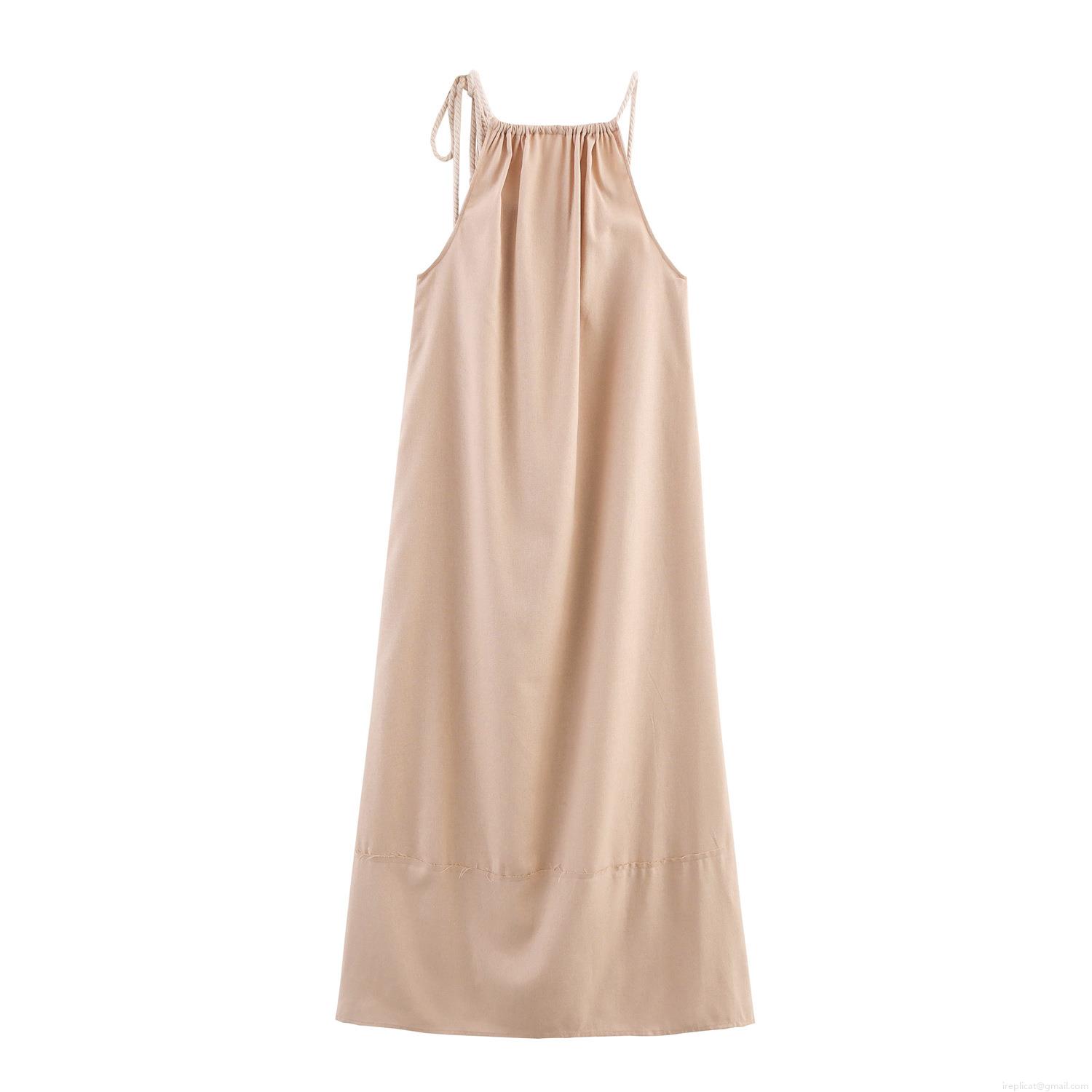 Women's Halter Neck Maxi Dress Tropical Beach Vacation Sleeveless Sundress With Rope Tie Detail Solid Color Boho Style Loose Fit Long Dress