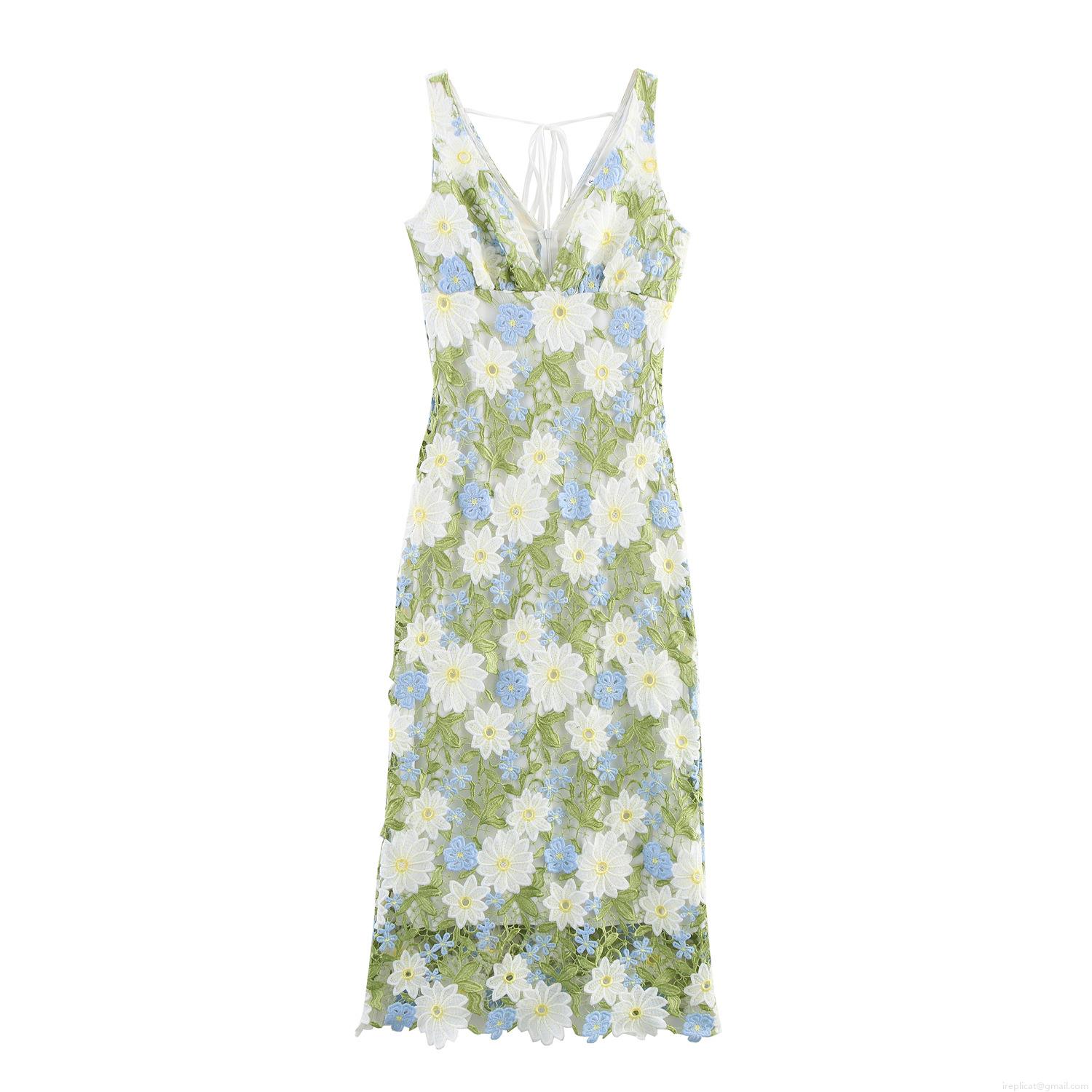 Women's French Style Floral Embroidery Backless Maxi Dress V-Neck Sleeveless Lace Mesh Daisy Long Dress for Summer Vacation Party