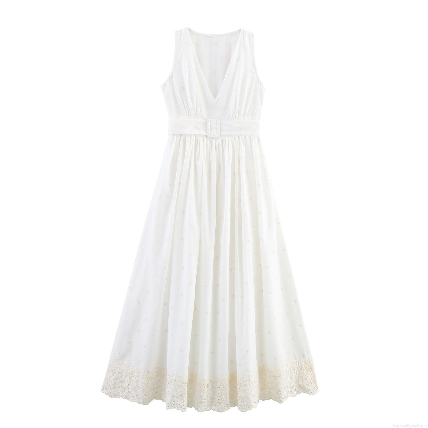 Women's Elegant White V-Neck Sleeveless Maxi Dress with Floral Embroidery Lace Hollow Out Hem and Belt Vacation Style High Waist Long Summer Dress