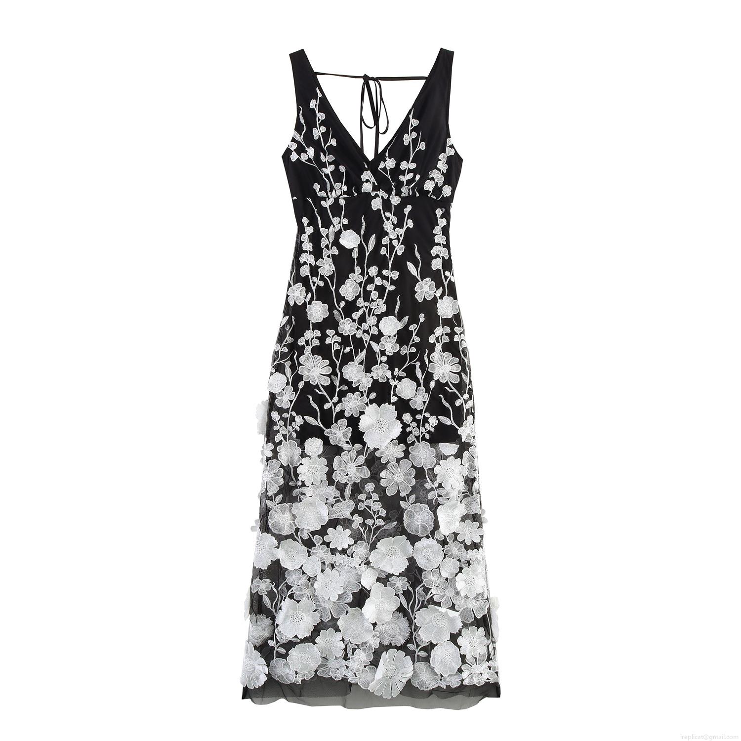 Women Sexy 3D Floral Embroidery V Neck Maxi Dress Backless Tie Back Mesh Tulle Long Dress For Party Wedding Evening Club Elegant Sleeveless Gown