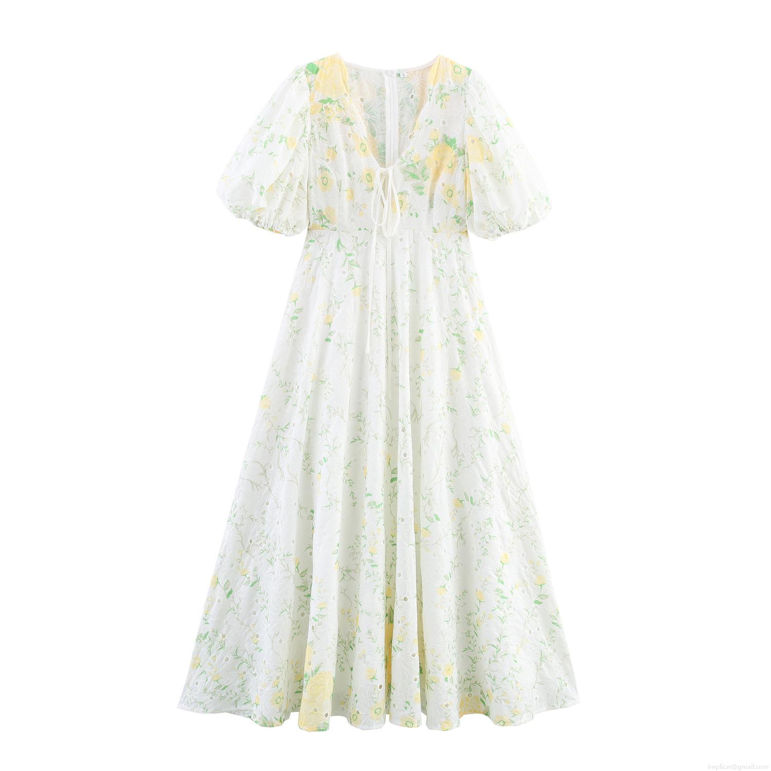 Women Sweet Elegant V Neck Puff Sleeve Maxi Dress Embroidery Hollow Out High Waist Floral Print White Long Dress For Vacation Daily Wear