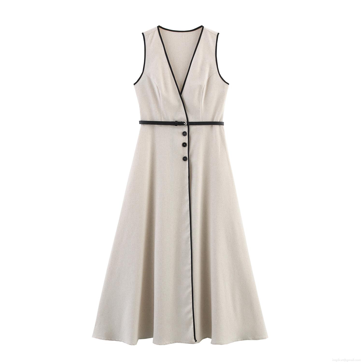 Women Elegant V Neck Sleeveless Maxi Dress Polyester Faux Linen Contrast Trim A-Line Long Dress With Waist Belt For Casual Office Party