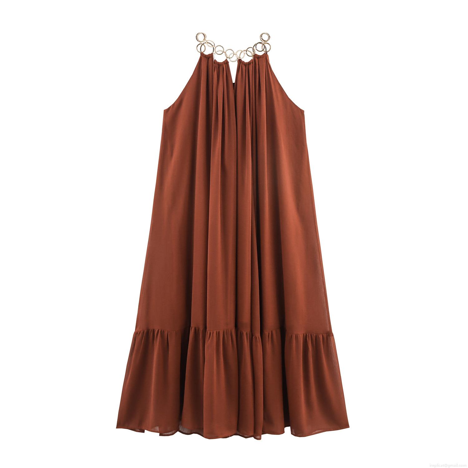Women Bohemian Halter Neck Maxi Dress With Gold Metal Ring Chain Ruffle Hem Sleeveless Solid Color Loose Chiffon Long Dress For Summer Vacation Party