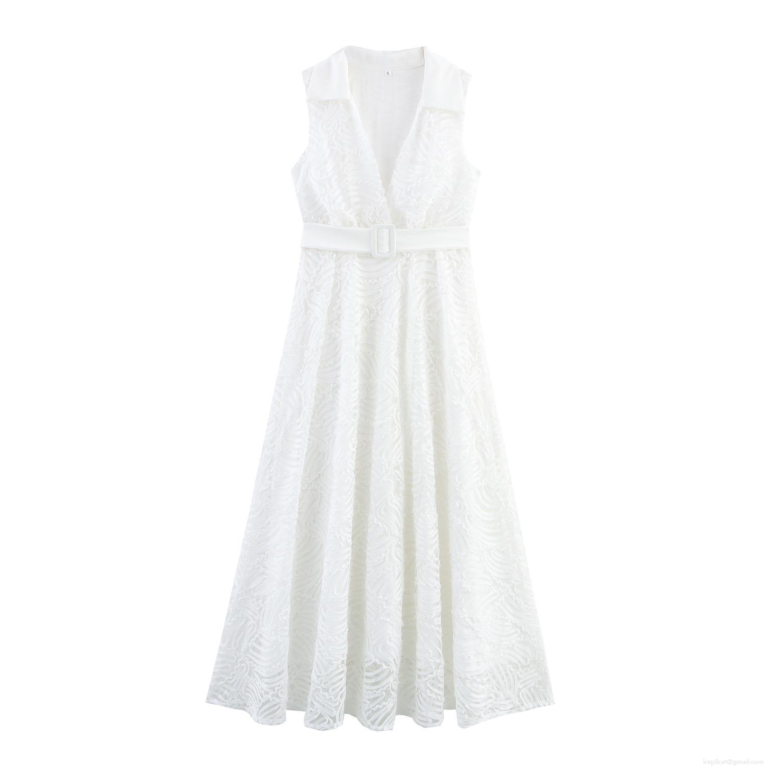 Women's Elegant Sleeveless Lapel Maxi Dress With Belt Polyester Wavy Textured Jacquard Long Dress For Office Party Casual Ladies