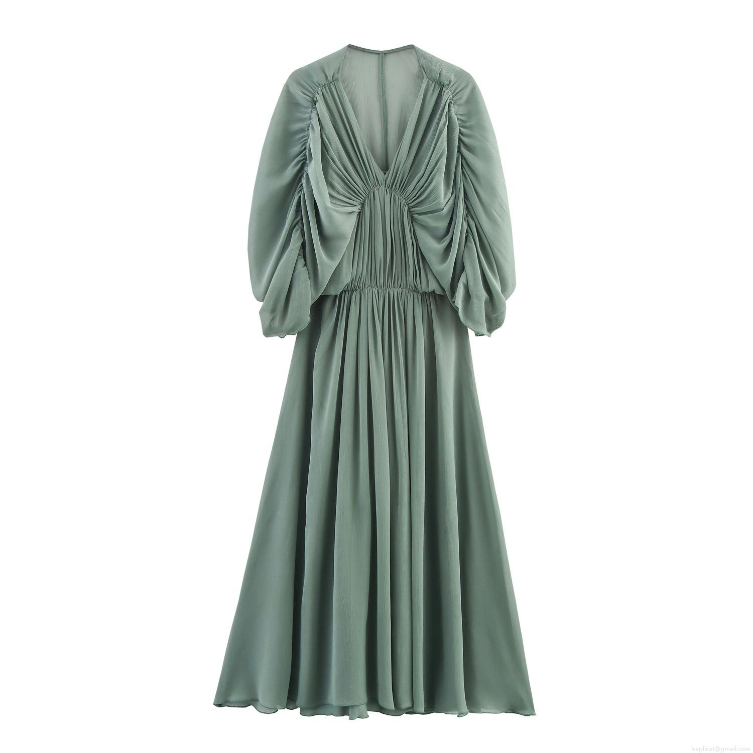 Elegant V Neck Chiffon Maxi Dress For Women French Romantic Ruched Batwing Sleeve High Waist Pure Color Polyester Long Skirt For Dating Party