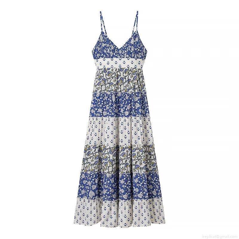 Women Summer Bohemian Floral Patchwork Cami Maxi Dress V Neck Tiered Cake Skirt Elegant Back Bow Tie Beach Vacation Pastoral Style Polyester Long Dress