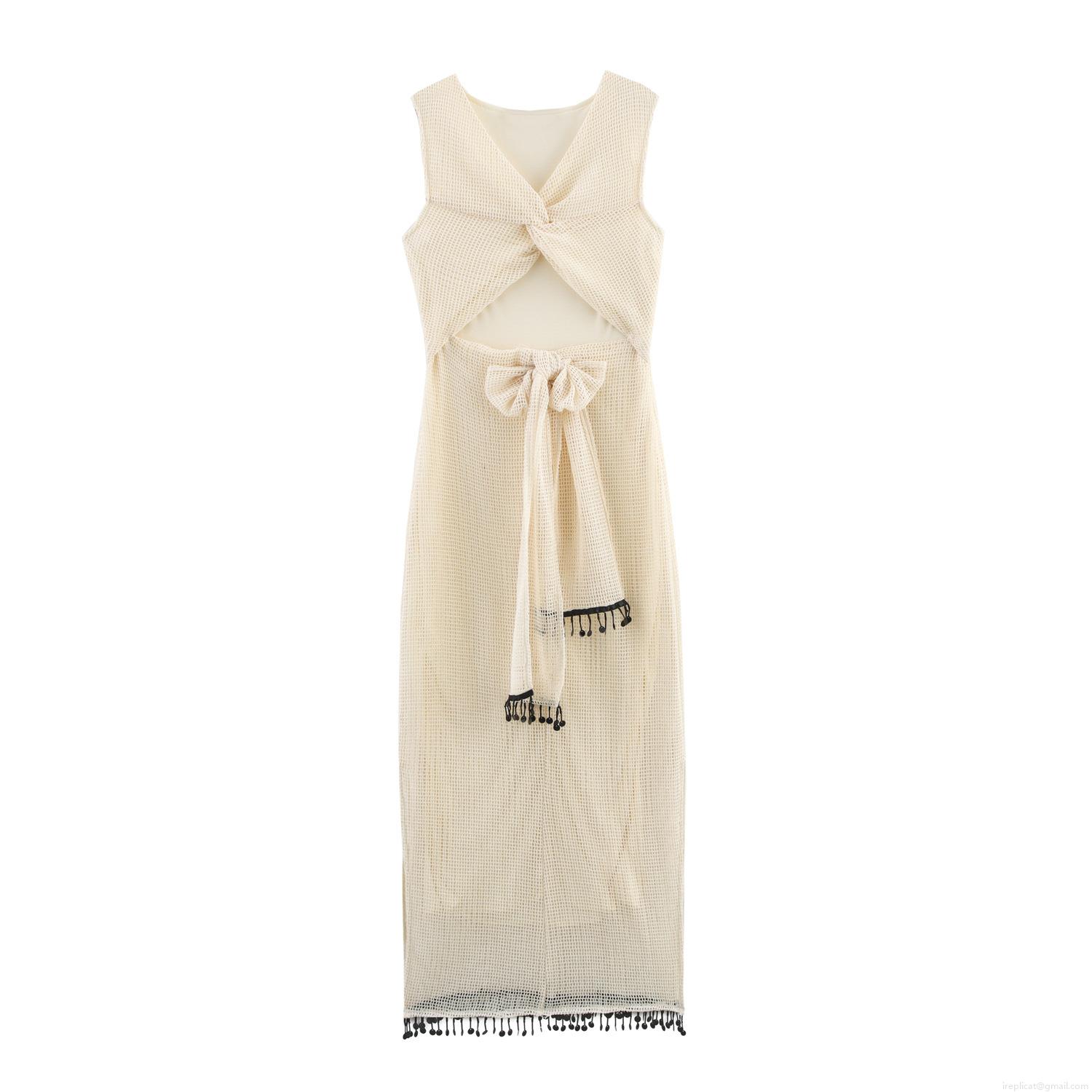 Women's Sexy Crochet Mesh Hollow Out Maxi Dress Sleeveless Backless Knit Dress With Tassels And Bow Tie For Holiday Beach Party Elegant Summer Sundress