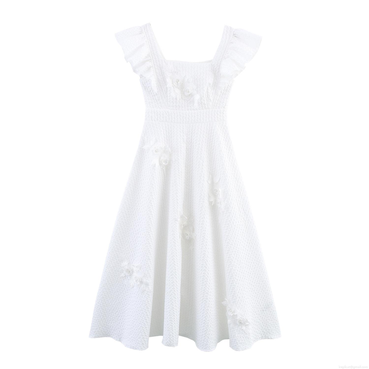 Women Elegant White Maxi Dress With 3D Handmade Flowers And Pearls Square Neck Flutter Sleeve High Waist A-Line Polyester Spandex Summer Party Wedding Long Dress