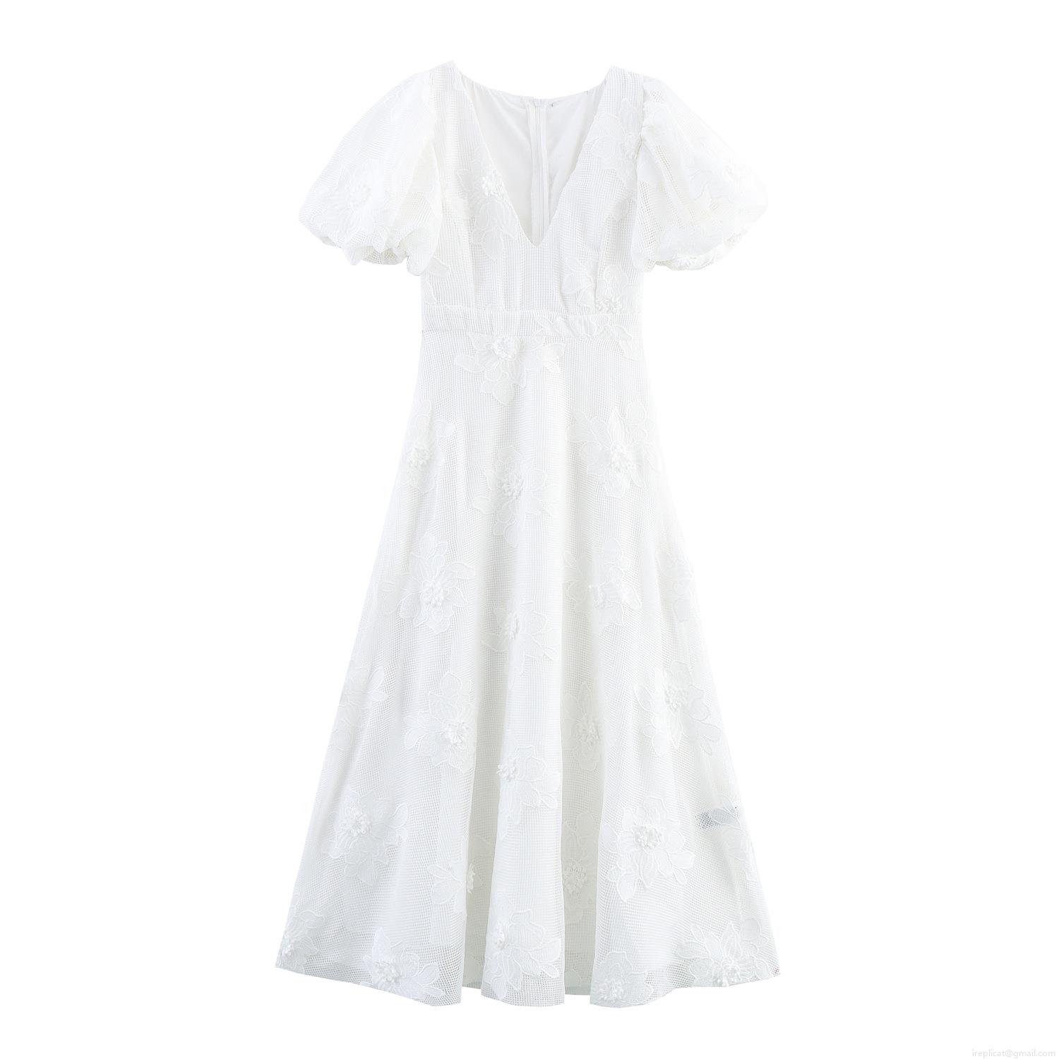 Elegant White V-Neck Mesh Maxi Dress With 3D Floral Embroidery Puff Sleeve High Waist Lace Long Dress For Women Wedding Party Banquet Vacation
