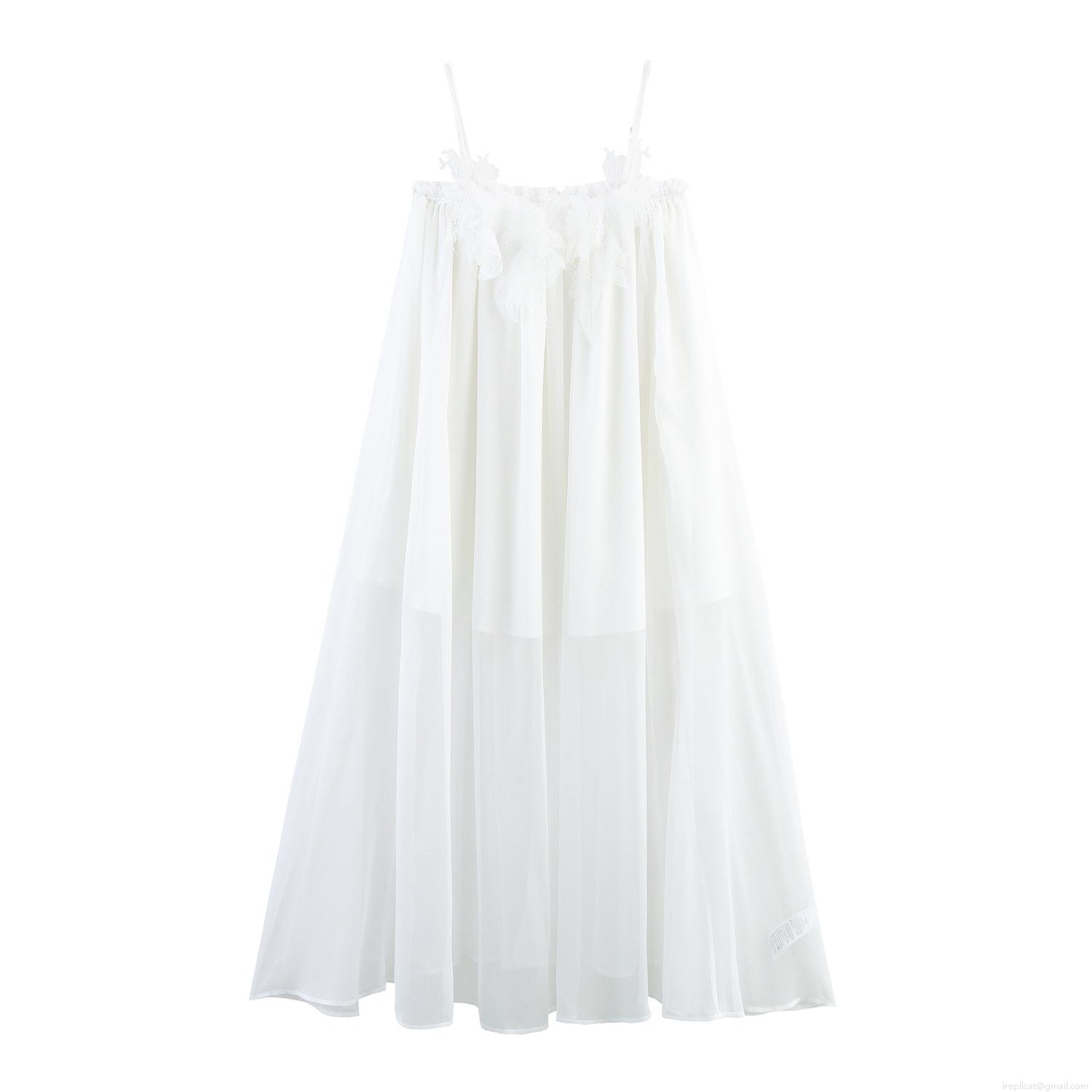 Women Sexy White 3D Floral Applique Maxi Dress Elegant Lace Spaghetti Strap Sleeveless Loose Pleated Chiffon Long Dress For Vacation Beach Party Summer
