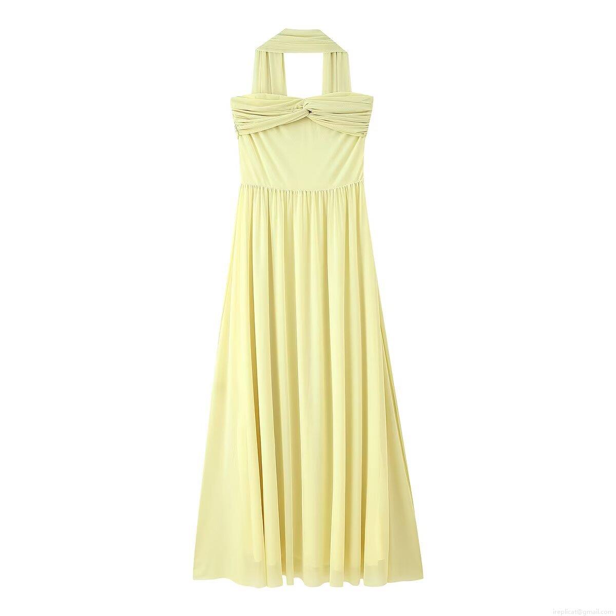 Elegant Women Mesh Halter Maxi Dress Solid Color Strapless High Waist Pleated Long Dress With Scarf Collar For Party Evening Wedding Lady Polyester Dress