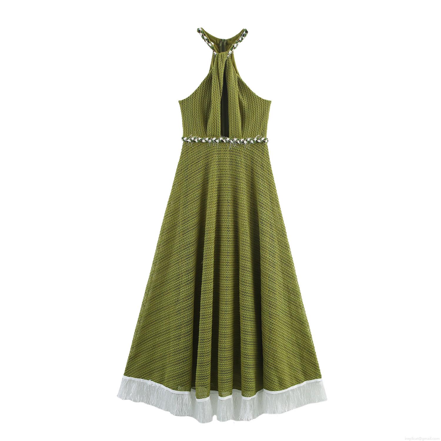 Women Elegant Halter Neck Hollow Out Maxi Dress With Fringe Tassel Elegant Resort Style Bohemian Backless High Waist Long Dress For Beach Party