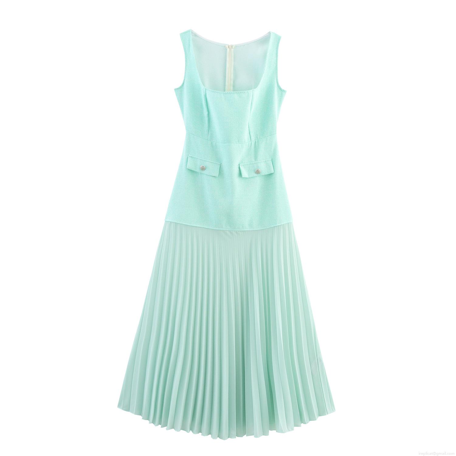 Women Elegant Mint Green Tweed Maxi Dress Sleeveless Square Neck Pleated Hem High Waist Splicing Long Dress For Party Evening Date Office Lady